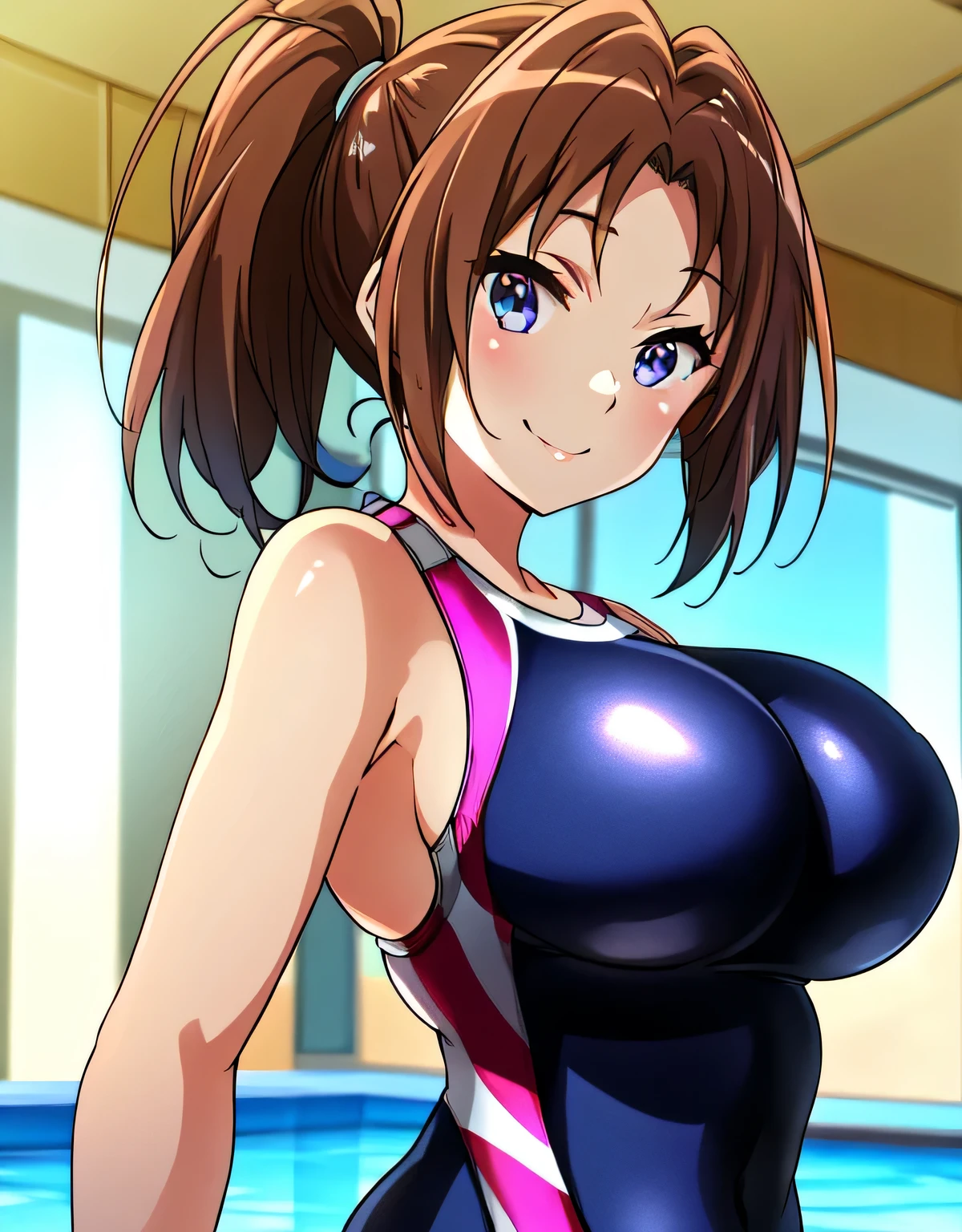 (large breasts:1.5),shiny,hair,((solo)),((masterpiece)),((best quality)),perfect anatomy,slim waist,perfect image,8k UHD,(beautiful detailed eyes:1.5),extremely detailed face,standing,(upper body:1.1),(look at the front:1.1),arms behindback,ultra-detailed,absurdres,highres,natsuki nakagawa,(shiny Competition swimsuit:1.5),smile,indoor pool,brown hair,