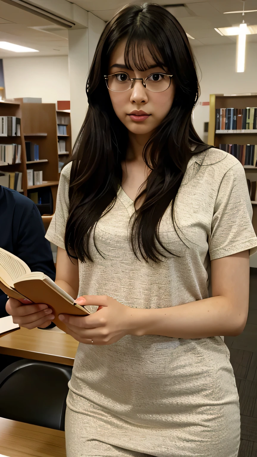 Original hyper realistic photo of An average looking 24-year-old Japanese girl, 158 cm in height and 55 kg in weight. With jet-black hair, which is long and smooth. A slightly creamy-toned skin. Big, brown, round eyes. Does not wear glasses. Has a sharp nose and a small, sweet mouth. A slender body. Dressed well, no make up, reading book in library