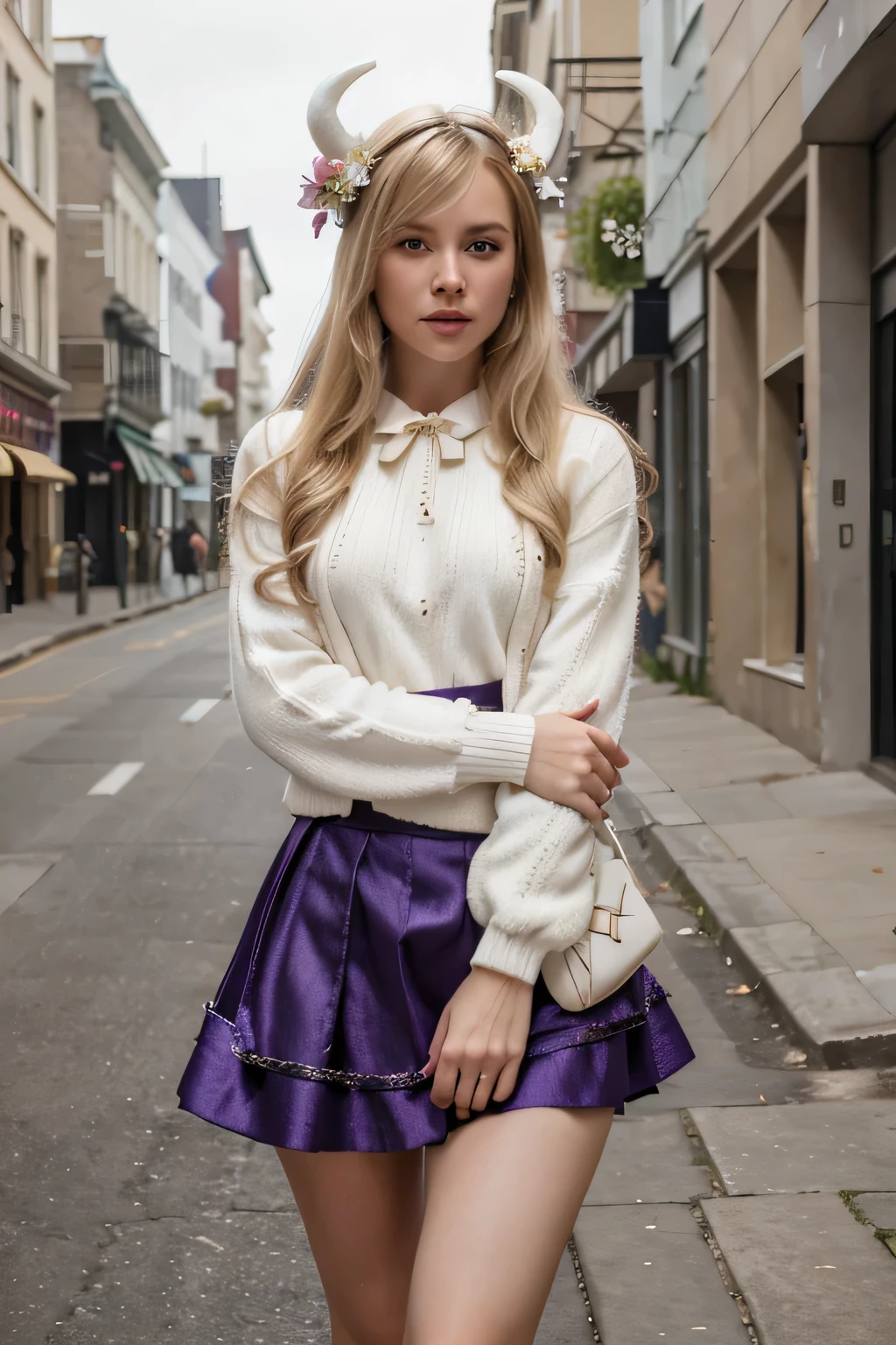 masterpiece, best quality, highres, hmsl1, horned headwear, hair flower, x hair ornament, white sweater, purple jacket, flower, long sleeves, open clothes, black bow, sleeves past wrists, skirt, cowboy shot, outdoors, street, standing, blonde woman wearing erotic dress