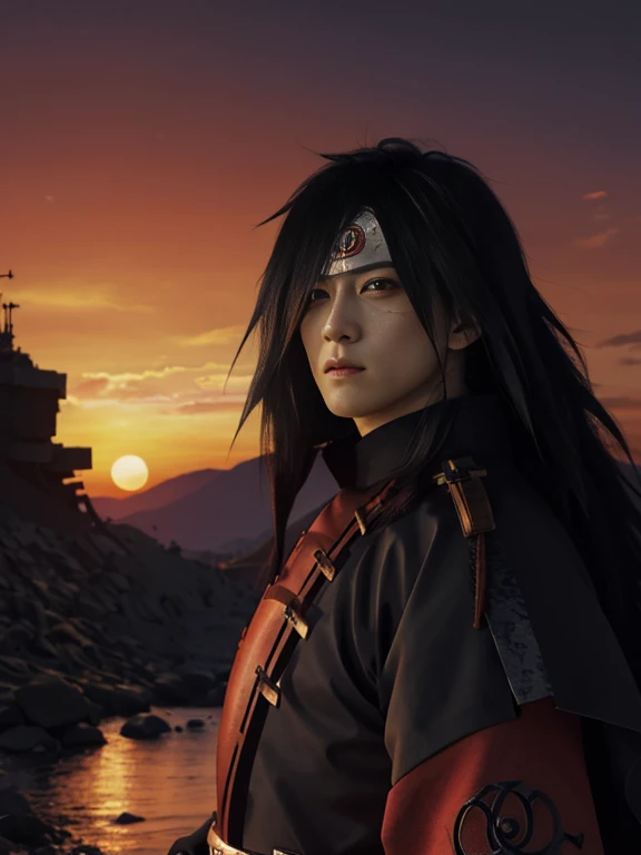 Uchiha madara+long hair+hair above one eye+kimono+black gloves+Complex maximalism+(((war)))+(((warrior)))+sunset+(((portrait)))+octane rendering+knife