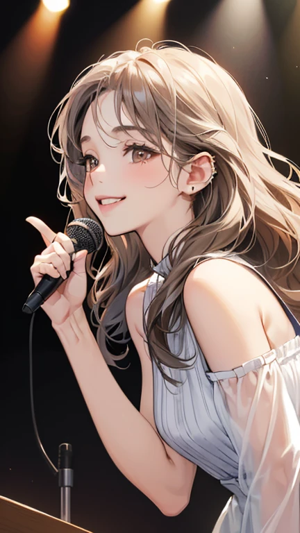 (table top, digital illustration, 4k, 8k, Super detailed, beautiful images, clear image, perfect face, perfect lines, perfect eyes, soft lighting) 1 female, (Singing a song, on stage, gray long wavy hair, innocent look, look at viewer, side view,Over-the-shoulder ,droopy eyes, brown eyes, innocence, cute, smile gently,27 years old:1.3), full of light,(embarrassing, shy smile:1.2), sleeveless black knit, Piercing, bad finger