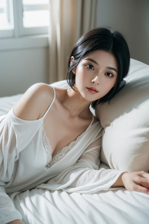 (Best quality, 8K), Woman with short black hair, wearing soft white pajamas, lounging in bed, calm and serene atmosphere, light natural makeup, diffused lighting in a modern bedroom
