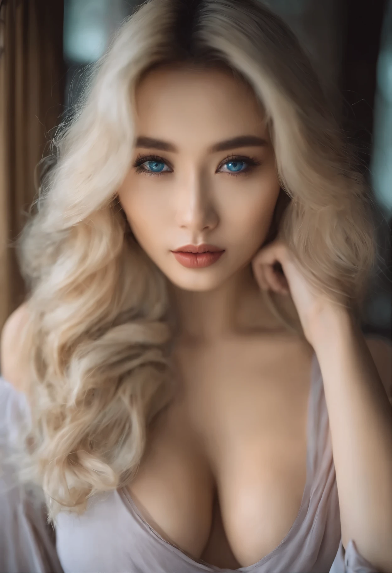 korean women, sexy girl with blue eyes, portrait yael shelbia, blonde hair and large eyes, selfie of a young woman, full body photo, big breast with sexy curves