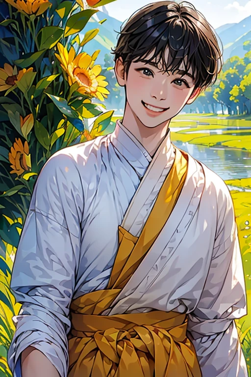 In 8K、highest quality、masterpiece:1.2)、1 woman、(smile:1.1)、beautiful eyes、valley、Upper body、short hair、like a boy、Huge 、Yellow View、