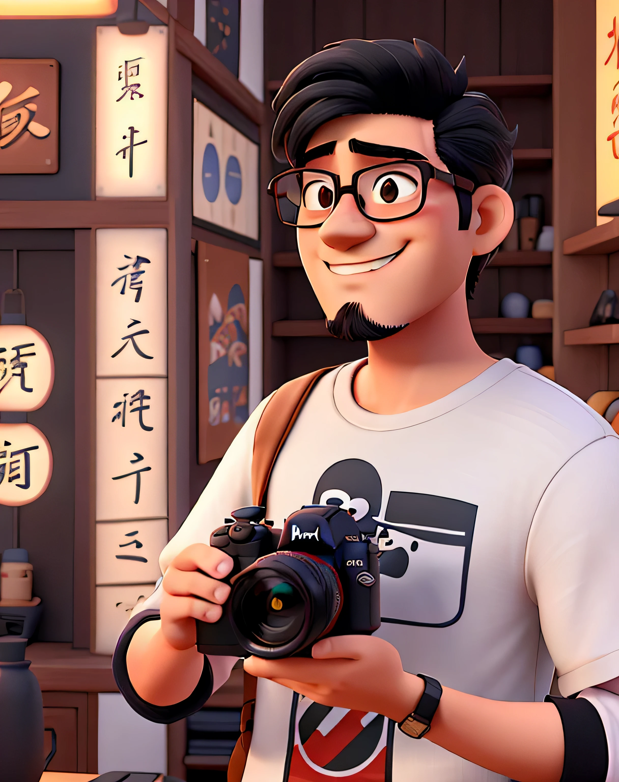 a man with Rayban style glasses, Japanese appearance, with beard and black hair, Disney Pixar style, holding a camera, changing into a nerdy t-shirt
