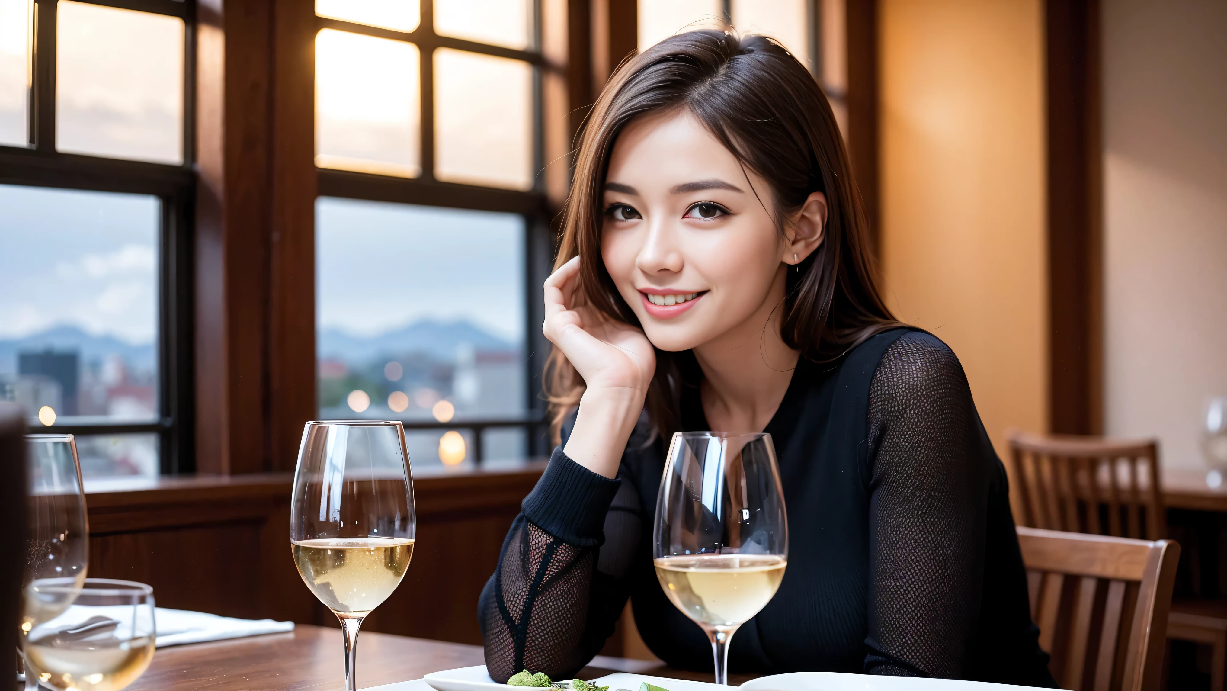 ((Highest quality、8k、masterpiece:1.3))、cute、Slim couple、Model Couple、Actress、(Realistic, Intricate details:1.2), full-course dinner、Wine Party、Amazing view of the sunset sky and clouds、A bright smile、short hair,Bright Face、 (45 years old), 42 years old, red wine 、Appetizers、Italian food、Wine bottle、Champagne、sparkling wine、Two beauties、Brown Hair、Shortcuts、Long sleeve shirt、dress、Beautiful woman 1, (Slim face), (The body is slim), (Brown Hair), (Shortcuts), cheeks turn a little red,Attractive beauty、restaurant, In a prominent place (From the waist up) Nova Frog Style, actress, model, Upper Body, White wine, slim, wine glass, A wine glass placed in the center, smile, (smile: 1.15), Beautiful fine grain, Depth f/2,saturation, High Contrast, Strong light and shadow,Moist Body:1.5、3D texture、Delicate eyes、Brown Hair、The hair is very shiny、