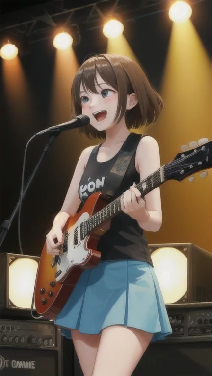 (highest quality、masterpiece、Highest image quality)、3 girls、girls band、vocal、guitar、Tank top、mini skirt、band live、cheers、light、get excited、fun