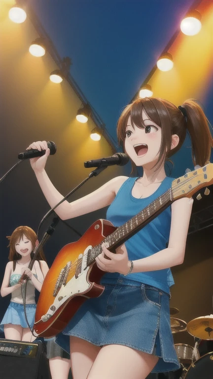 (highest quality、masterpiece、Highest image quality)、3 girls、girls band、vocal、guitar、Tank top、mini skirt、band live、cheers、light、get excited、fun