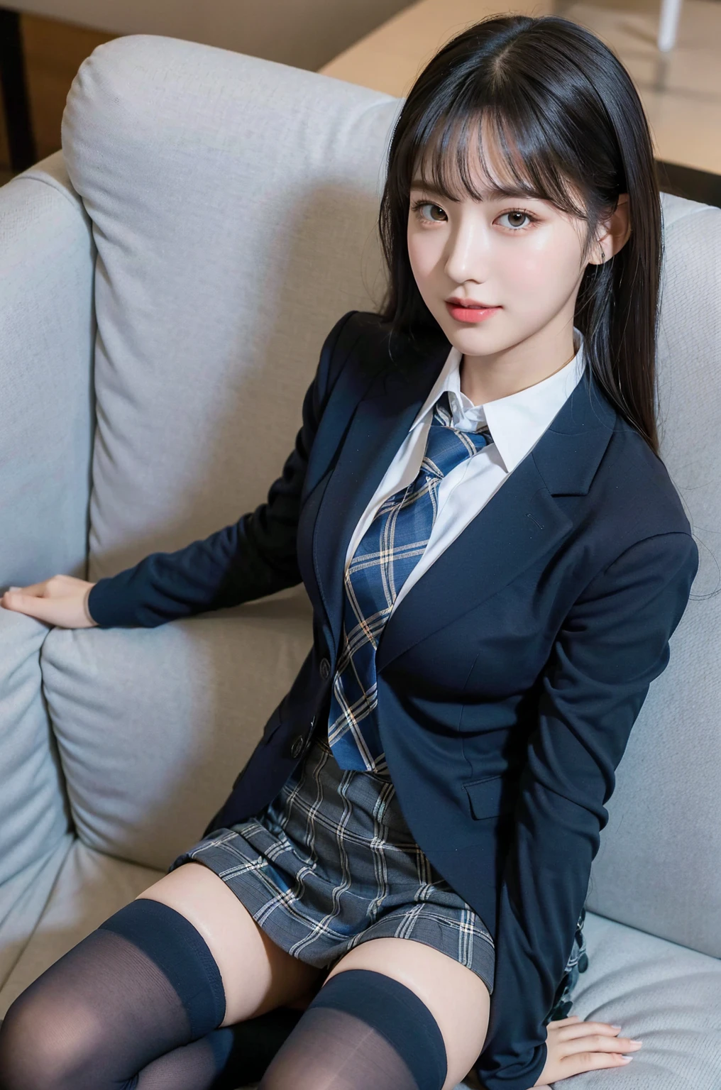 (8K), (highest quality: 1.2), (realistic), (realistic: 1.37), ultra high resolution, 1 girl, cute, smile, closed mouth, beautiful details, beautiful nose, black eyes,beautiful black hair,,giant dulcefo, self snap,University Student Uniform,Sitting on a couch in a fast food restaurant,simple blazer,(gray pleated skirt),(The tie has a tartan check pattern...:1.3), (close up on face),(From above),(Opaque blue knee-high socks:1.2)