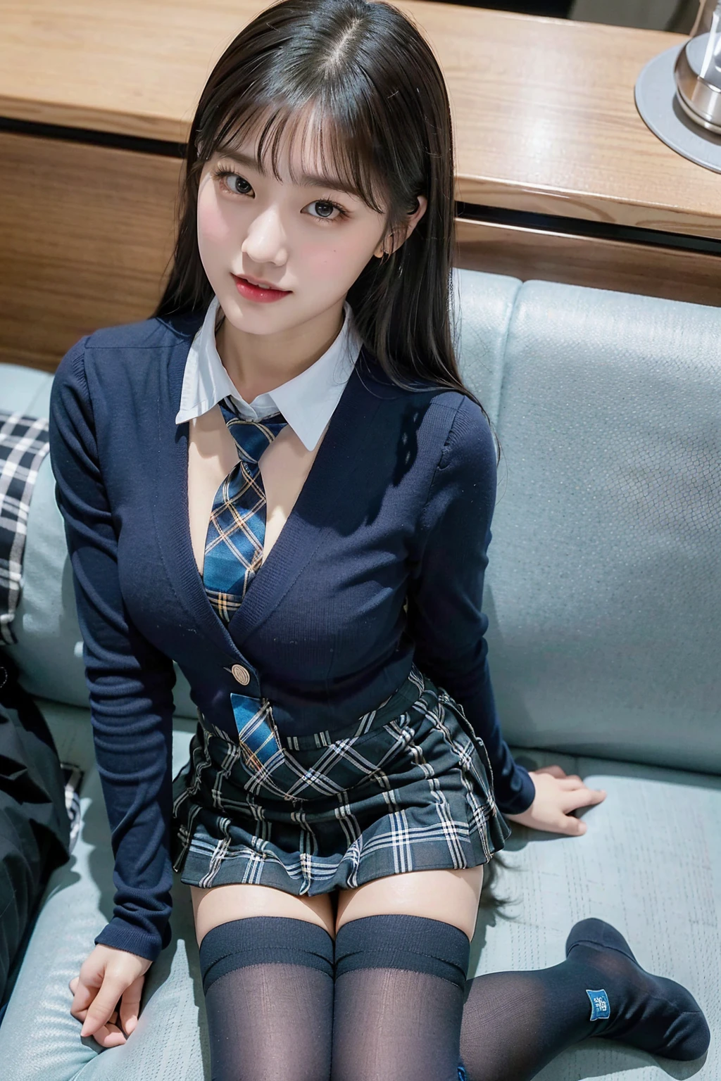 (8K), (highest quality: 1.2), (realistic), (realistic: 1.37), ultra high resolution, 1 girl, cute, smile, closed mouth, beautiful details, beautiful nose, black eyes,beautiful black hair,,giant dulcefo, self snap,University Student Uniform,Sitting on a couch in a fast food restaurant,simple blazer,(gray pleated skirt),(The tie has a tartan check pattern...:1.3), (close up on face),(From above),(Opaque blue knee-high socks:1.2)