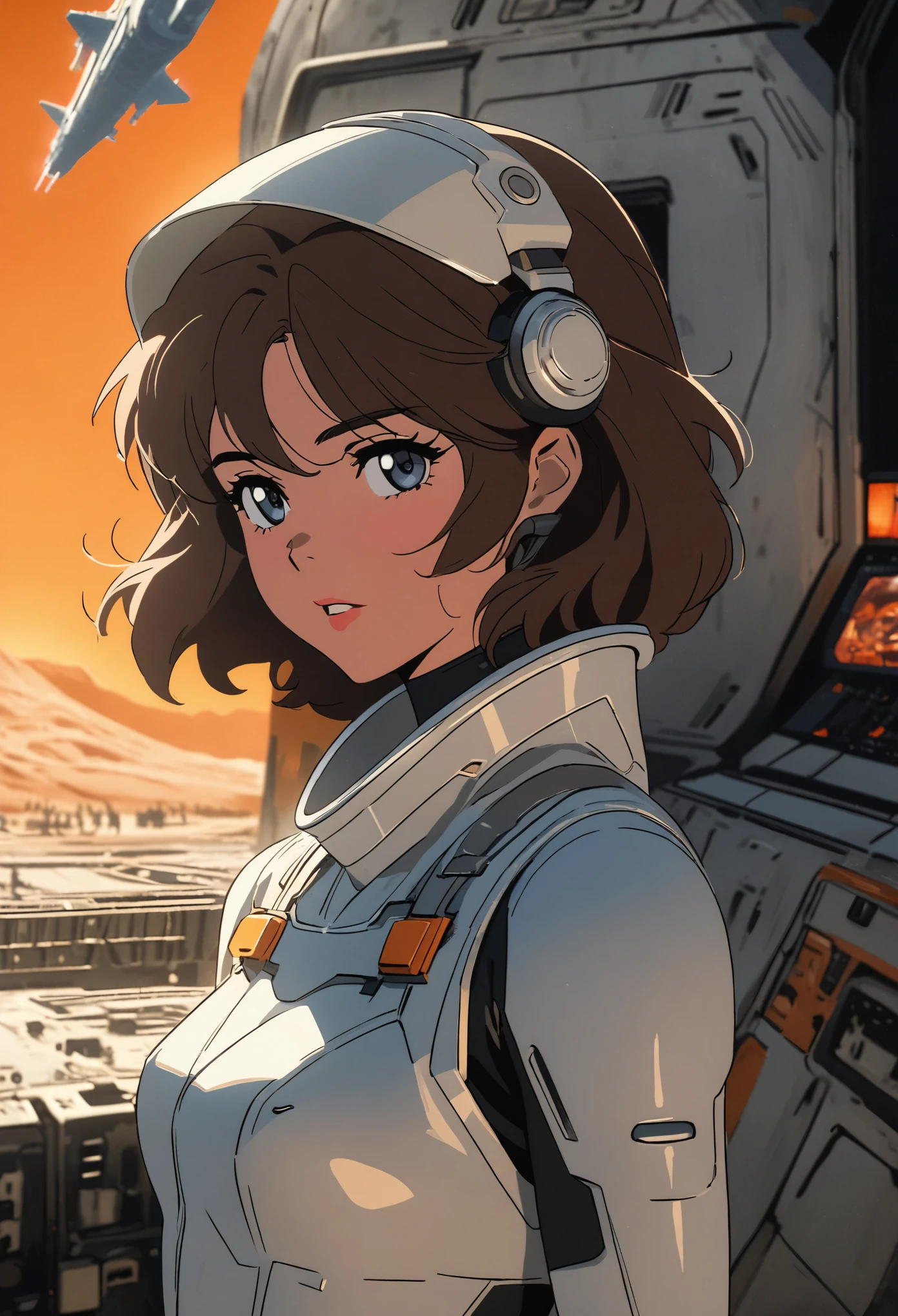 GALAHAD's image shows a woman in a futuristic suit,A spaceship in the background, film art, in front of orange background, Inspired by Robert McGinnis, heroine, megastructure in the background, 人工智能astronaut的肖像, astronaut, 一名astronaut, astronaut骨骼的肖像, perfect android girl, Frank Franzetta and Saki Michan
