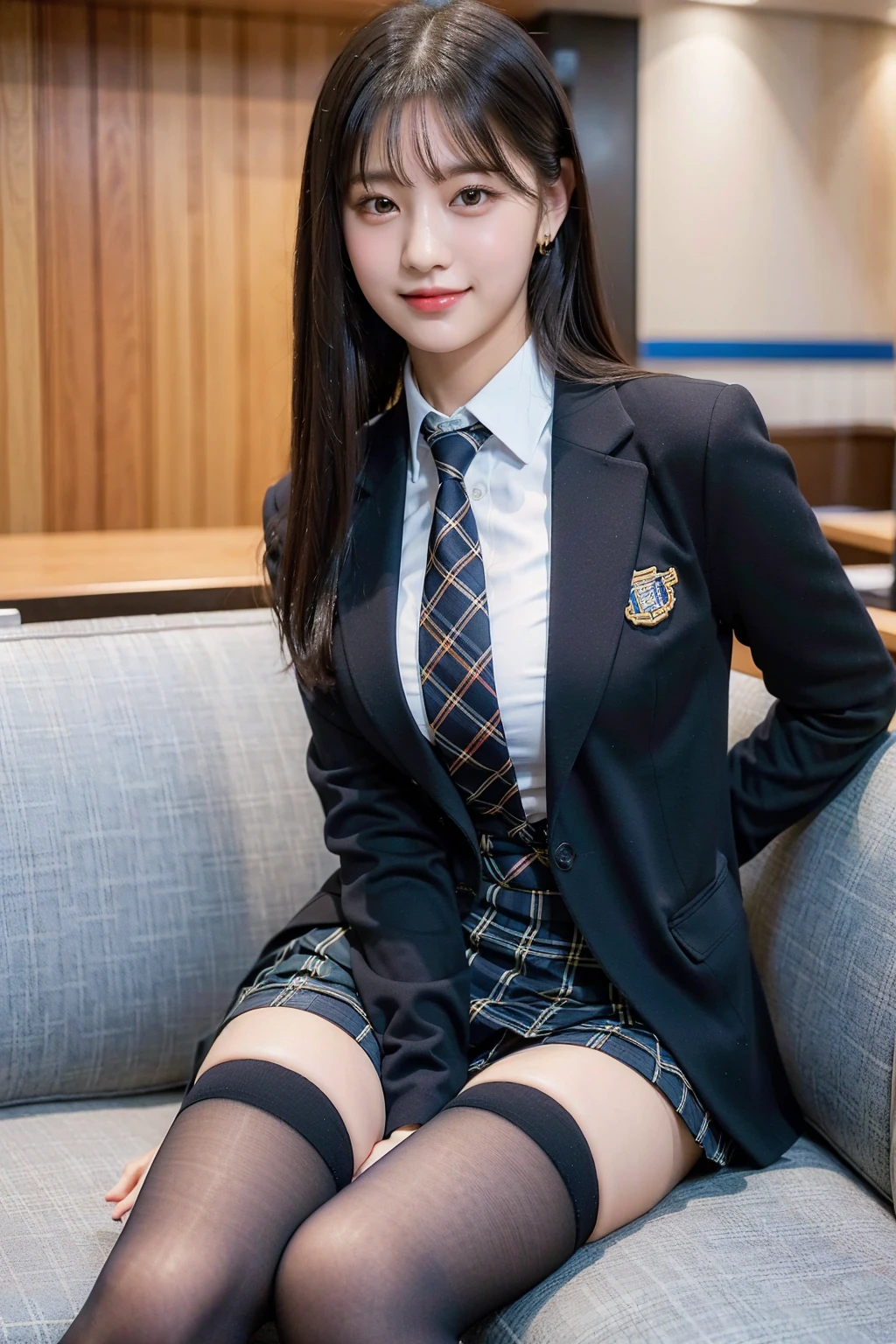 (8K), (highest quality: 1.2), (realistic), (realistic: 1.37), ultra high resolution, 1 girl, cute, smile, closed mouth, beautiful details, beautiful nose, beautiful black hair,,giant dulcefo, pork, thighs,self snap,University Student Uniform,Sitting on a couch in a fast food restaurant,simple blazer,pleated skirt,(The pattern of the skirt and tie is a tartan check pattern...:1.3), (close up on face),(光沢のあるthighs),(Opaque blue knee-high socks:1.2)