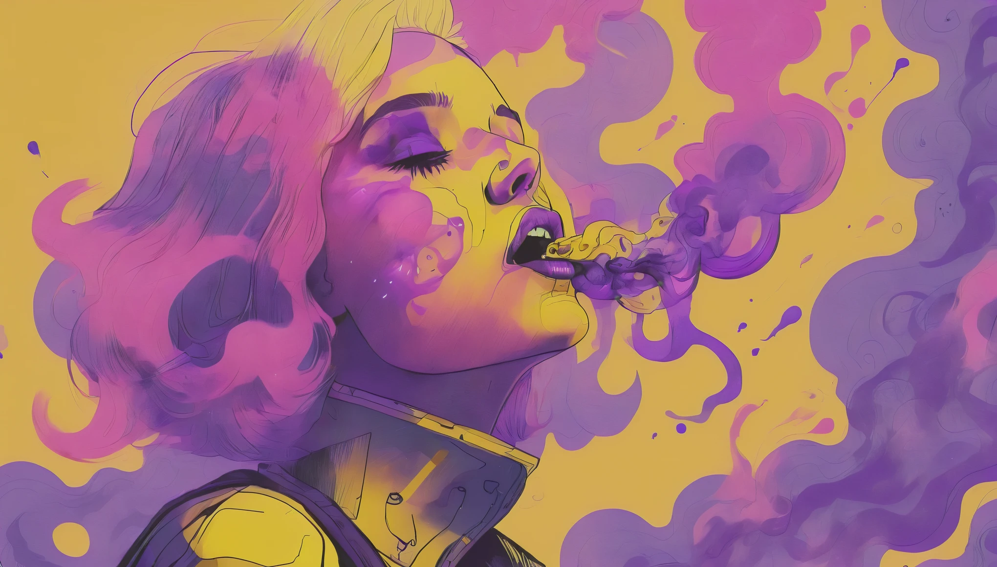 A woman with pink hair and purple smoke coming out of her mouth、Yellow background with purple smoke coming out of his mouth, conrad rosette, synthwave style, cyberpunk art, space art, Pop Surrealism ,