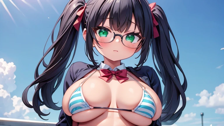 masterpiece,highest quality,wonderful,finely,High resolution,(1 girl, big breasts, black hair, green eyes,glasses, twin tails), (Light blue striped micro bikini), (from below)