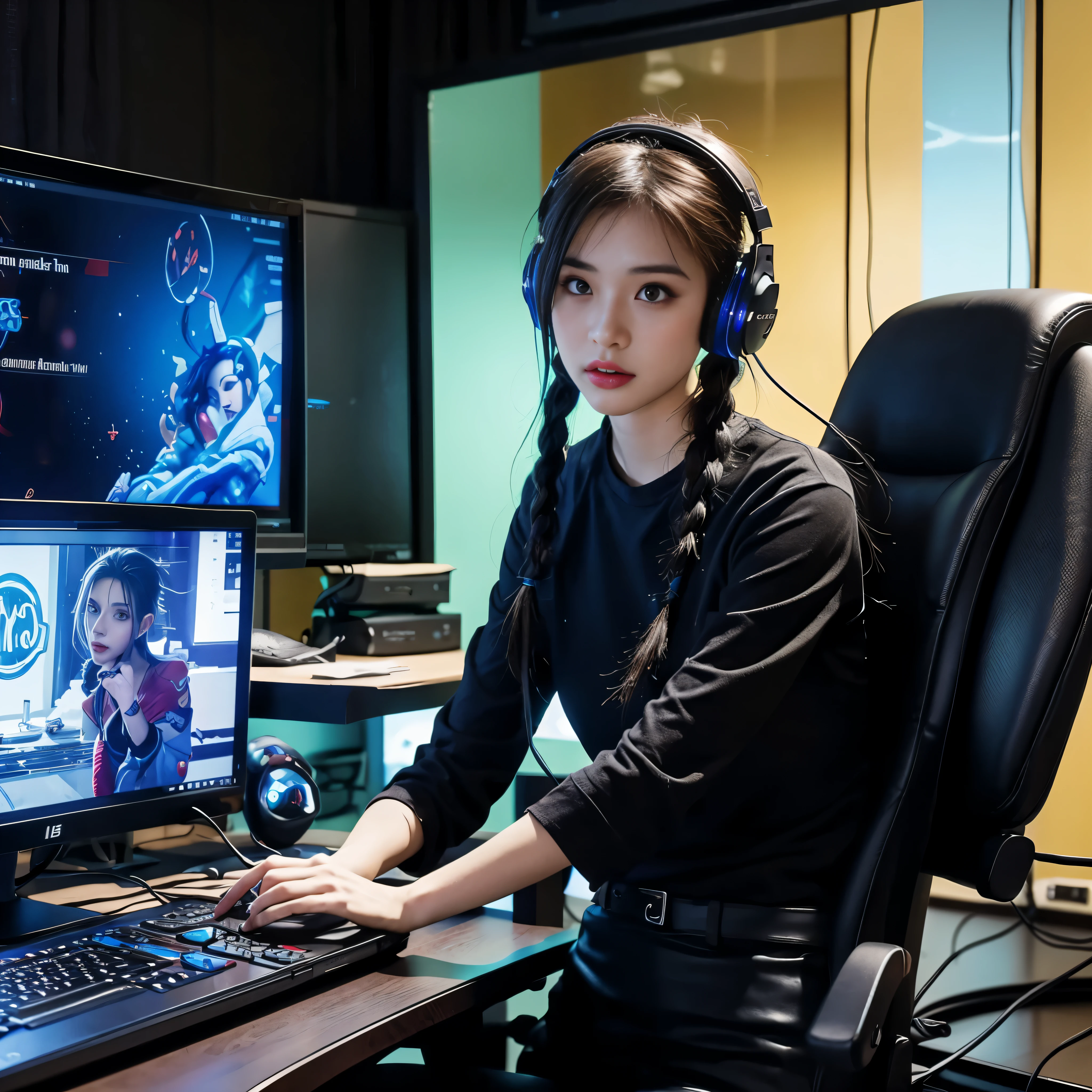 A girl with beautiful detailed eyes and lips, playing the game jinxlol. The artwork is a digital illustration with a medium of vibrant colors and cartoon-like style. The scene is set in a well-lit room, with a computer desk and gaming peripherals in the background. The girl is sitting in front of the computer, wearing gaming headphones and holding a mouse and keyboard. The screen shows a detailed gaming interface, with explosions and colorful effects. The artwork has the best quality, ultra-detailed, and realistic, with a touch of fantasy elements. The colors are vivid and vibrant, with a mix of warm and cool tones. The lighting creates a dynamic atmosphere, with bright highlights and subtle shadows.jinxlol