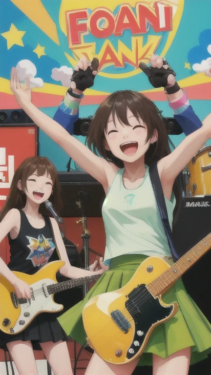 (highest quality、masterpiece、Highest image quality)、3 girls、girls band、vocal、guitar、Tank top、mini skirt、band live、cheers、light、get excited、fun