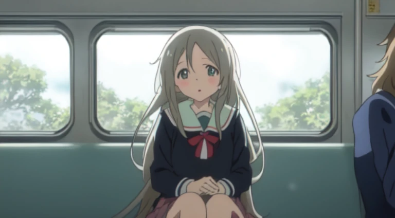 Anime girl sitting on the train and looking out the window, anime movie screenshots, yama no susume, Still from the anime, This is a continuation of the TV anime., anime movie yet, in an animated movie, anime still film anime shikishi, 2 0 1 9 anime screenshots, gro anime screenshot, in anime, long hair anime girl