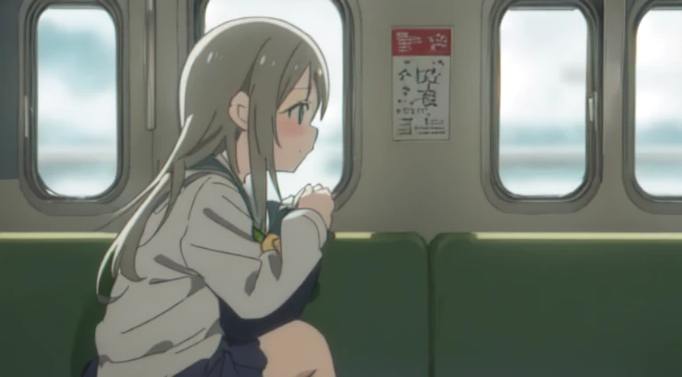 Anime girl sitting on the train and looking out the window, anime movie screenshots, yama no susume, Still from the anime, This is a continuation of the TV anime., anime movie yet, in an animated movie, anime still film anime shikishi, 2 0 1 9 anime screenshots, gro anime screenshot, in anime, long hair anime girl