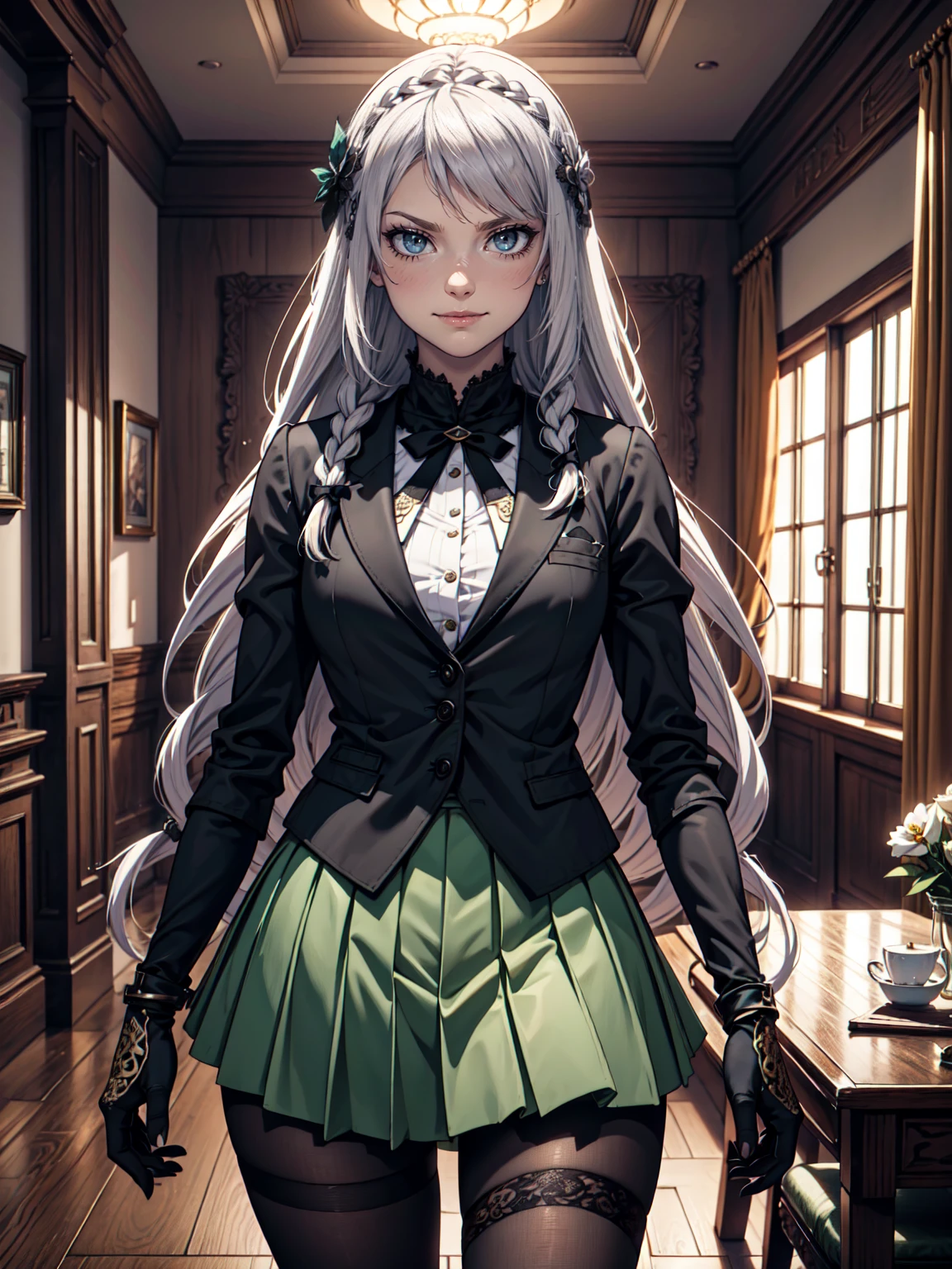 Ultra High Definition, Ultra High Quality, Hyper Definition, Hyper Quality, Hyper Detailed, Extremely Detailed, Perfectly Detailed, 8k, 1 Anime Female, Female Heroic Pose, Long Silver Hair with Small Braids, Women's Black Luxury Vest, Grey Skirt, Black Tights, Gloves, Solid Green Eyes, Smirk Expression, White Flower Barrette, Mansion Room Panoramic Background