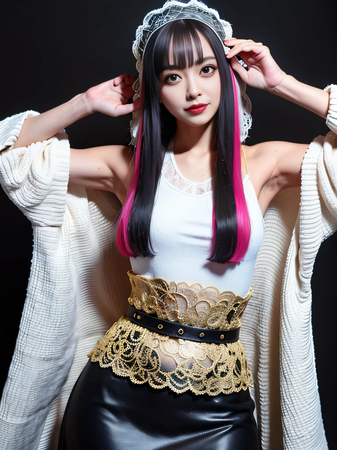 (best quality:1.2), (realistic, photo-realistic:1.3), (masterpiece:1.1), (teenage:1.3), smile, (sexy pose:1.1), (armpit:1.3), (thicc:1.2), (multicolored hair:1.2), (attractive lips:1.1), (future city:1.2), (cyberpunk neon lights:1), (fractal structure pattern:1.3), extreme light effects, (cinematic natural light effects:1.2), gal.safetensors, (Clothes with attention to detail:1), (Shiny accessories from Cyberpunk:1.1), (A shirt made of delicate lace:1.1), (Skirt made of delicate lace:1.1), (A cloak made of delicate lace:1.1), (A large hat made of delicate lace:1.1), (Wear black and gold:1.1)