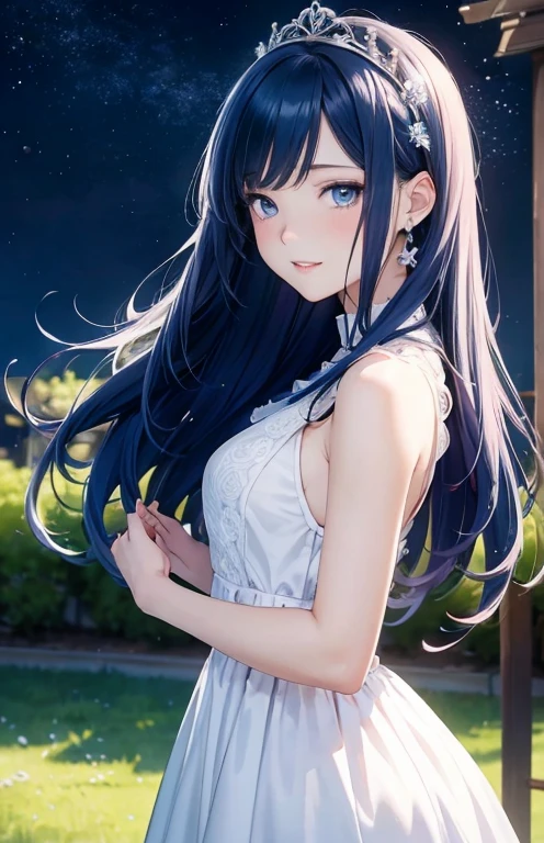 masterpiece、highest quality、High resolution、high quality images、8K, 1 female、skin luster、Texture of skin and clothing、Expression of fine eyes、shiny blue hair,Girl with long blue hair, Manga inspired by Lee Jong-suk, trending on deviantart, realism, detailed manga style, manga art style, perfect line drawing, beautiful line drawing, digital manga art girl, K-POPアイドル, dress, beautiful blue eyes, plump lips, detailed gorgeous face, (cute smile), charm, innocent, Side view, (perfectly detailed face), (fine hands) photorealistic images, Depth of written boundary, half up hairstyle, 華やかなモーニングdress , tiara, cloud,sky sky,night ,star, garden,Rose,The skin is delicate,