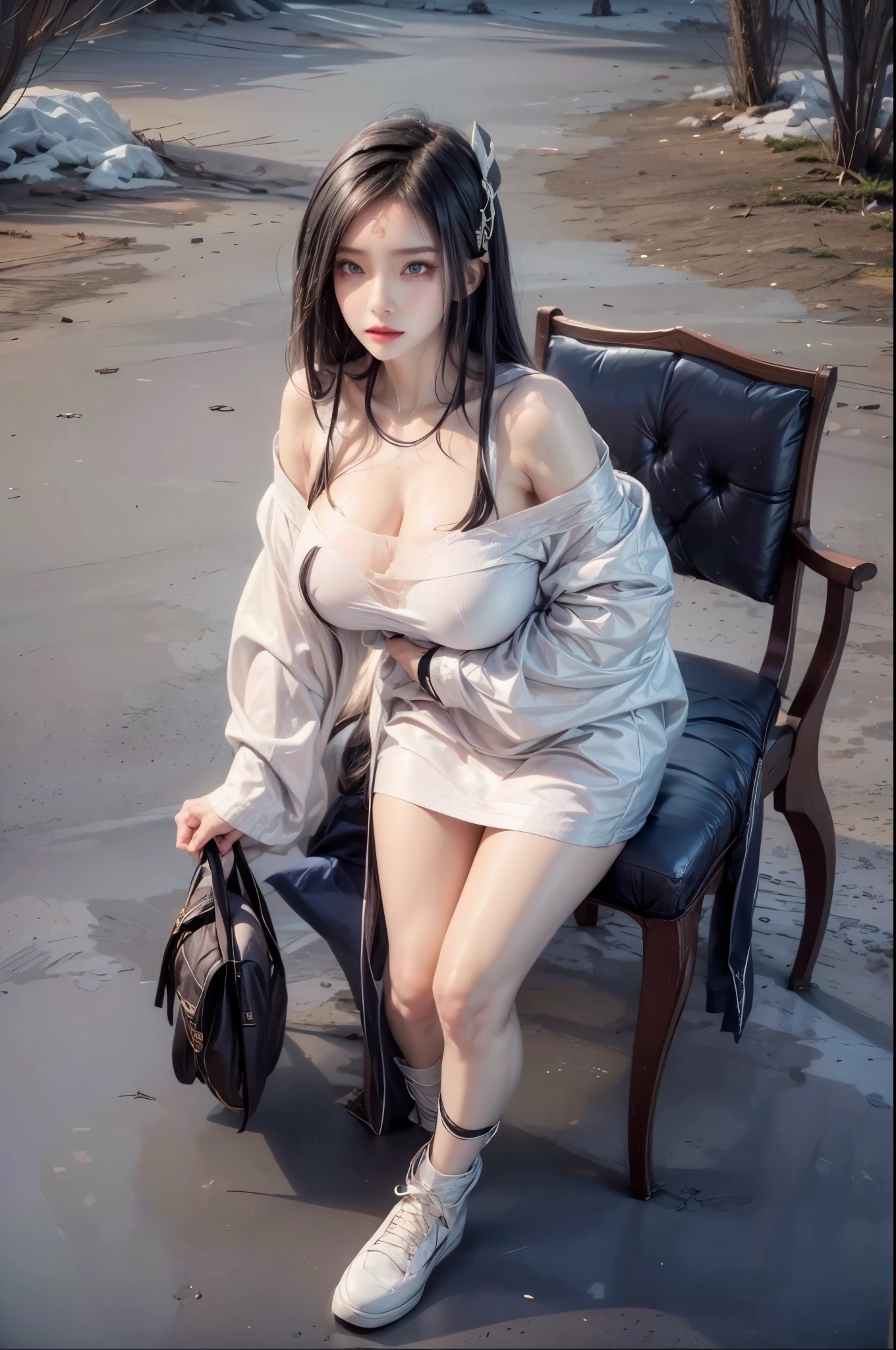 realistic, 1gril, per HD, 12k, wearing Allstars shoes, slim body, rather big body, six pack body, big round breasts, no clothes, beautiful breasts, looking at the camera, sitting on the sofa, long black hair, facial details, detailed person, body details, clothing details, hair details, body details, body details, breast details, vagina details, clothes, eye details, sweat details, water details, pose (knees bent and legs wide apart) whole body