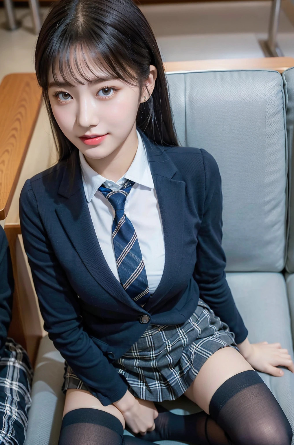 (8K), (highest quality: 1.2), (realistic), (realistic: 1.37), ultra high resolution, 1 girl, cute, smile, closed mouth, beautiful details, beautiful nose, black eyes，beautiful black hair,,giant dulcefo, self snap,University Student Uniform,Sitting on a couch in a fast food restaurant,simple blazer,(gray pleated skirt),(The tie has a tartan check pattern...:1.3), (close up on face),(From above),(Opaque blue knee-high socks:1.2)
