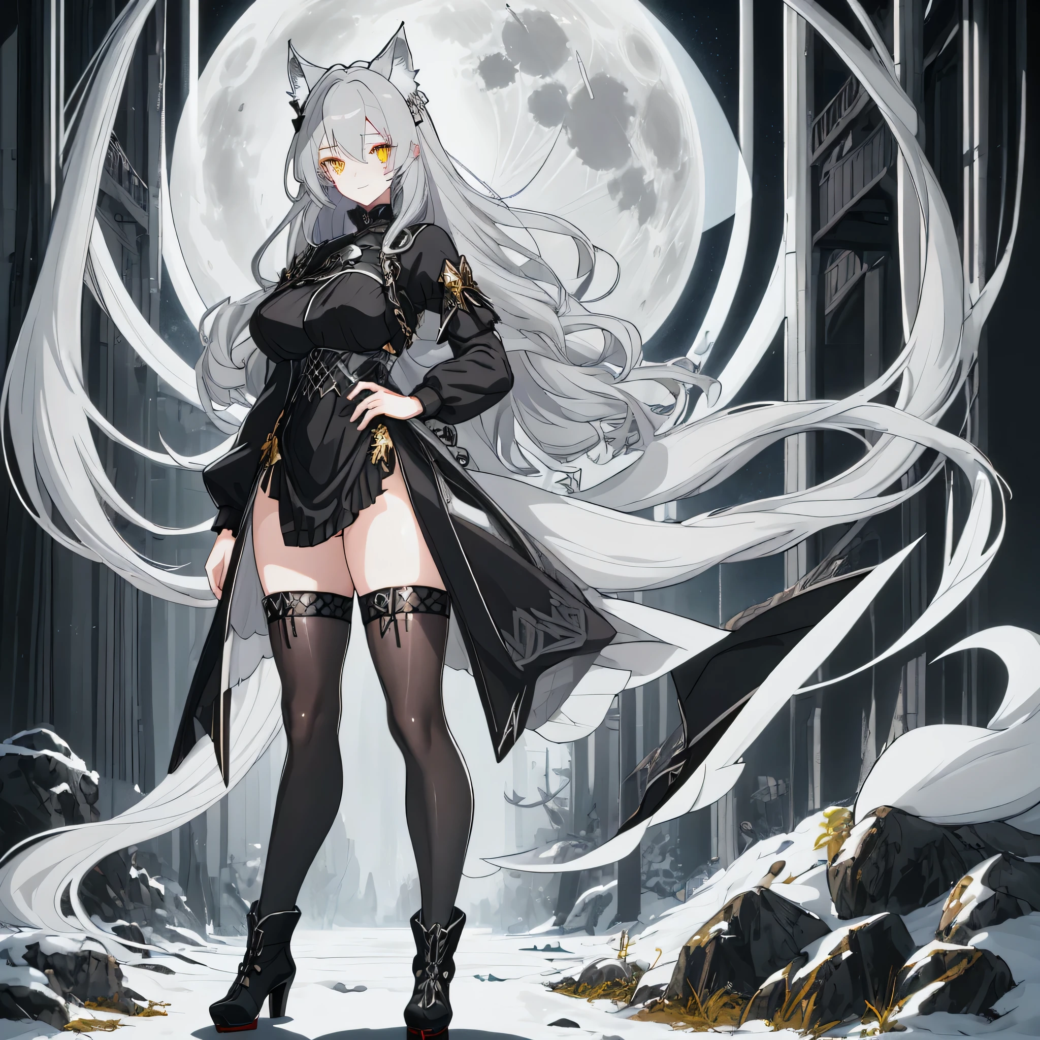 ONLY ONE GIRL, full body portrait, 4k, sole girl, insane high quality, ultra-detailed, insanely detailed, really detailed, voluptuous, long gray silver hair, best quality, high resolution face, detailed face, focused face, pretty eyes, pretty lips, little nose, a tall girl with wolf ears, long pretty wolf tail, big round breasts, curvy, pale white skin, siler-gray hair, disheveled hair, long hair, really long hair, black and silver armored outfit, armored black boots, small scar under the right eye, bright yellow eyes, perfect eyes, slight smile, smug smile, slight blush, cute girl, full moon background, standing pose, beautiful long legs.