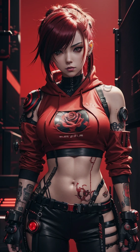 a woman with tattoos and piercings standing in front of a red background, badass anime 8 k, anime character; full body art, anime style 4 k, cyberpunk anime girl, cyberpunk cyborg. roses, anime cyberpunk art, female cyberpunk anime girl, red armor, cyberpunk anime girl in hoodie, 8k high quality detailed art, anime woman fullbody art