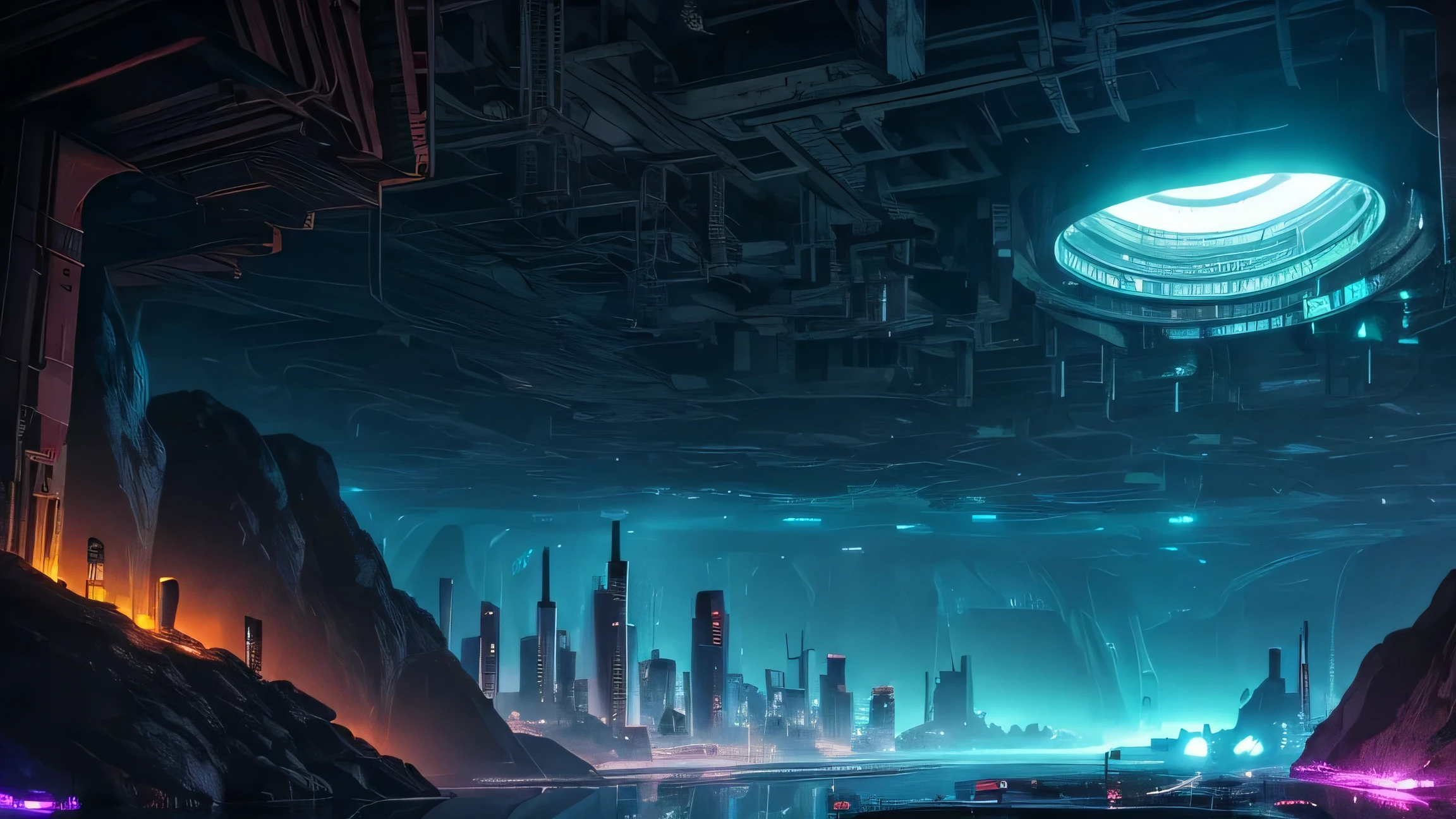 Underground Place, Deep underground in a huge cave stands a high-tech city of another civilization, neon lights and lighting, glowing cables and light guides, robots and high-tech alien technology are visible, flying machines hover over the city, a combination of light and chrome and fantastic technologies, alien's sity, a view of the city from a height of 100 meters, emphasis on Underground Place, dim lighting, semi-darkness, hyperrealistic, professional photography of abandoned places for the international Underground exhibition, canon eos 6d mark II RF 14-35mm F4L IS USM