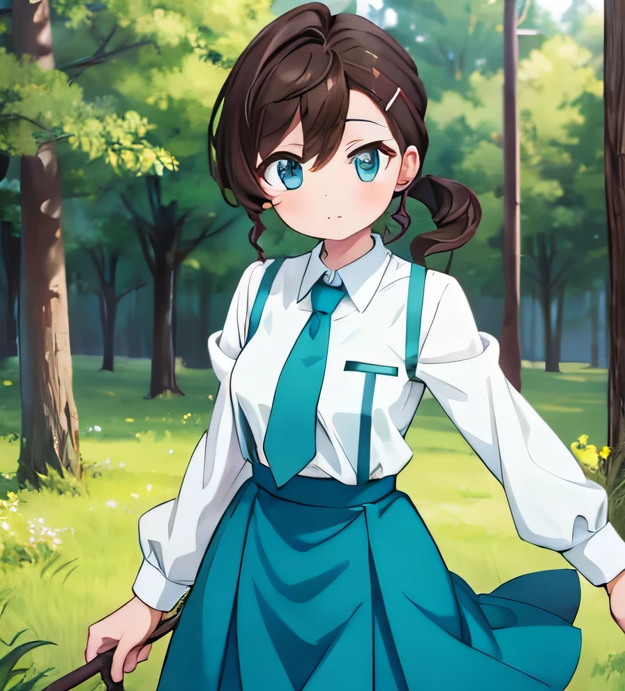 inuyama mana, 1girl, white shirt, teal skirt, teal necktie, cowboy shot, ponytail, in the woods, 