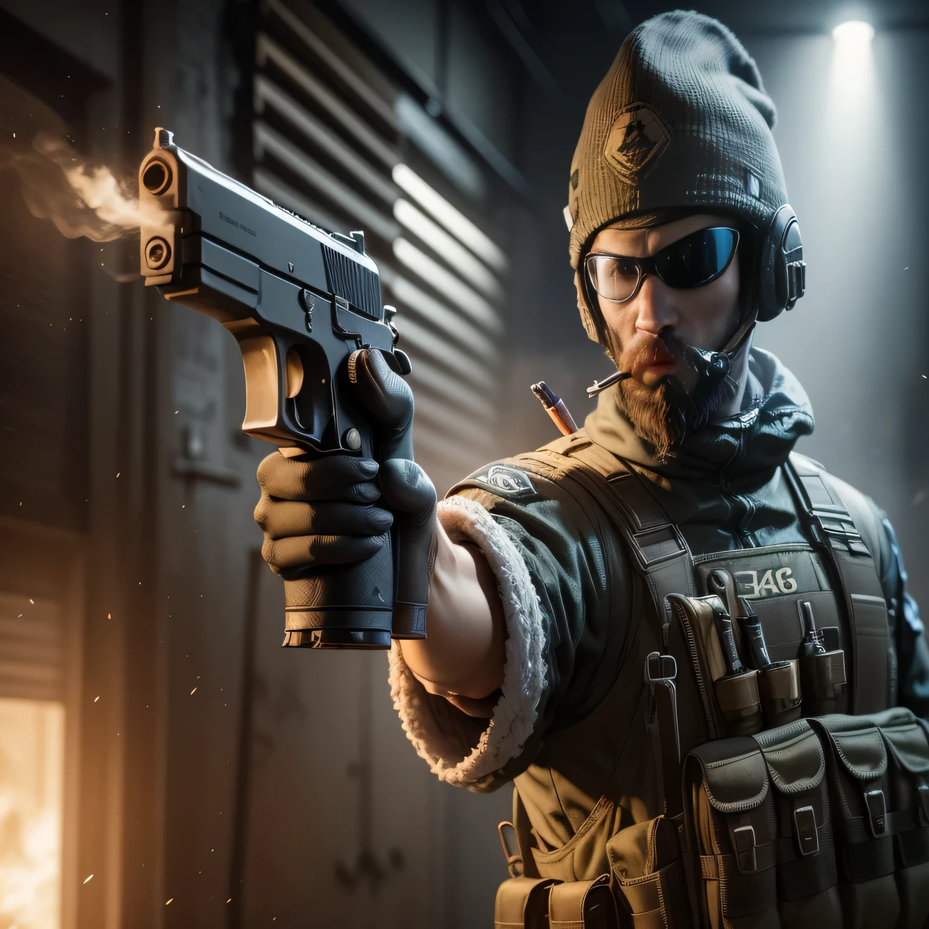 arafed soldier with a gun in a dark room, rb 6 s, rb6s, cs:go screenshot, rb6s), fps shooter game, counter strike, fps game, masterpice, a soldier aiming a gun, no mask, a man face with beard, cigarette in mount, muzzle flash, warzone background, 4k post, 4 k post, hq 4k wallpaper