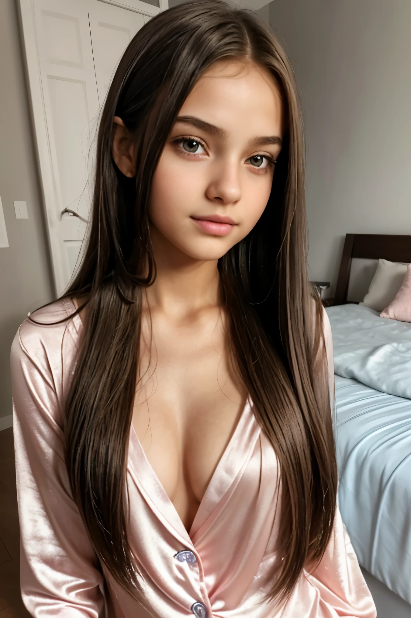 (ultra-realistic,highres:1.2),(12 year old:1.1),(teenage girl:1.1),(long straight hair:1.1),(sexy teen body:1.1),(pj outfit:1.1),detailed eyes,detailed lips,beautiful features,confident expression,fresh and youthful look,vibrant and attractive colors,soft lighting,realistic texture,graceful and elegant pose,subtle and natural makeup,sexy pj outfit.