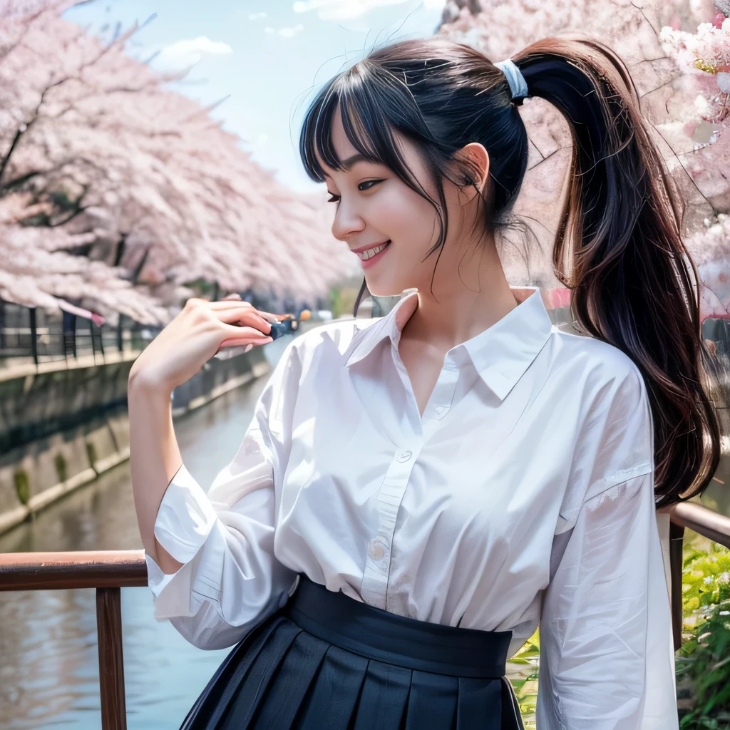 cute  girl, cute smile、pretty face、Height: approx. 160cm, brown eyes, Wearing a Japanese high 、wear a pleated skirt、In the row of cherry blossom trees、double ponytail black hair, masterpiece, 最high quality, 超high quality, high quality, High resolution, ultla High resolution, disorganized, 4k, 8K, 16k, very detailed, Complex, great shading, high contrast, realistic, photo realistic, RAW photo, photo shoot, super detailed illustrations, shortening, perfect anatomy, correct anatomy, perfect proportions, perfect face, perfect hands, perfect legs, perfect fingers