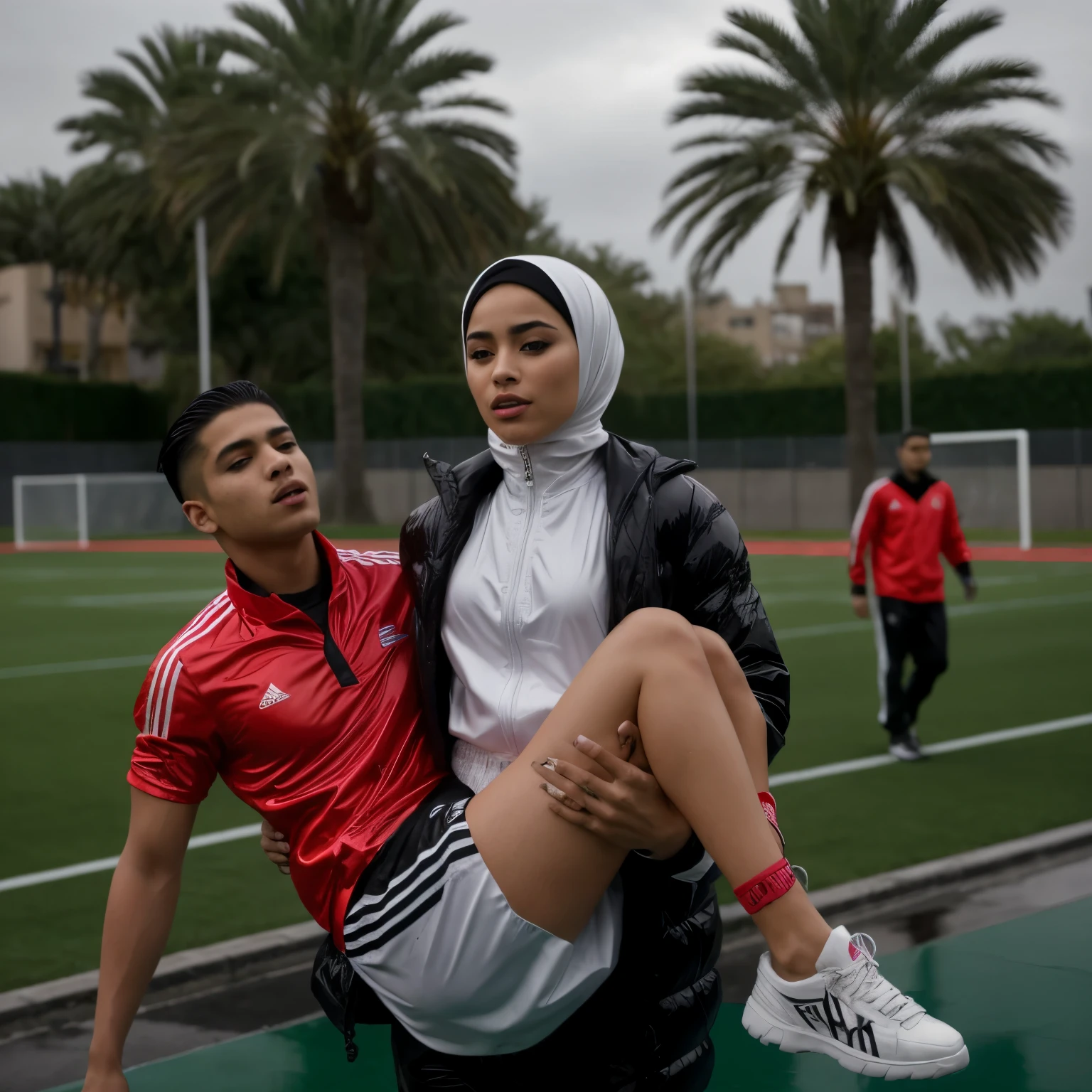 a desparated arab muslim hijabi-girl is standing in a laquered and very shiny quilted coat and carries a man in matte sportswear in her arms, a shouting arab muslim-woman carries a man in dull sportswear, a woman carries in her arms a male soccer player in cotton sportswear, rainy weather, rainfall, humid, girl carries guy, lift and carry, an excessively madeup arab veiled girl in a high-shine wet black latex downcoat, a soccer scene, a soccer injury, first aid carry at a soccer match, a young madeup latino-girl in a shiny black vinyl downjacket, a madeup arab girl in a shiny plastic-downcoat, a very sad and desperately crying latino-girl, an intensely madeup latino-girl in a glossy black vinyl-downcoat, latino-girl with lipstick, muslima-girl with smoky eyes, dramatic action pose, woman that is carrying a skinny shorthaired man, there is a beautiful woman in a shiny coat who is carrying a shorthaired blond man in her arms, a longhaired beautiful woman in a high-shine black puffy coat, a longhaired woman in a shiny downcoat, a woman is carrying a shorthaired man who is wearing black shorts, a weak shorthaired man in black shorts is consciousless and needs to be carried, a shorthaired man with closed eyes is carried in the arms of a longhaired latino-woman, a latino-woman looks very scared and terrified, a consciousless shorthaired man with closed eyes is suffering very much and has a very painful face, photo, photo shoot, photographed, arafed man being carried by a woman, very realistic, very very realistic, hyper-realistic, hyper - realistic, hyper realistic, jacket over bare torso, very disturbing, very hyperrealistic, super realistic, hyperrealistic!, extremely realistic, very very very realistic, super-realistic realistic, super-realistictic!, extremely realistic, very very very realistic, super-realistic realistic, super-realistic, veiled arab woman's face, a completely matte and very dull cotton fabric soccer jersey on a male shaped torso