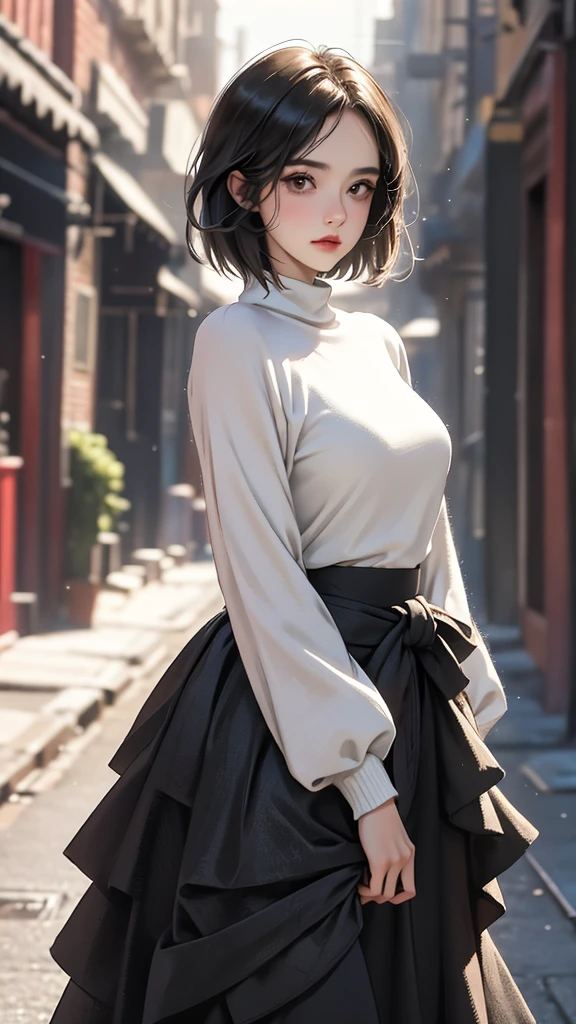 (Highly detailed CG unit 8k wallpaper, masterpiece, High resolution, highest quality), A cool NY fashion girl influenced by nostalgic and inorganic mode fashion., short hairstyles, detailed costume, Layered maxi skirt and crew neck pullover sweater combination:1.3, blurred background, An empty alley in New York:1.2, cobblestone road, hyper realistic, digital painting, concept art,