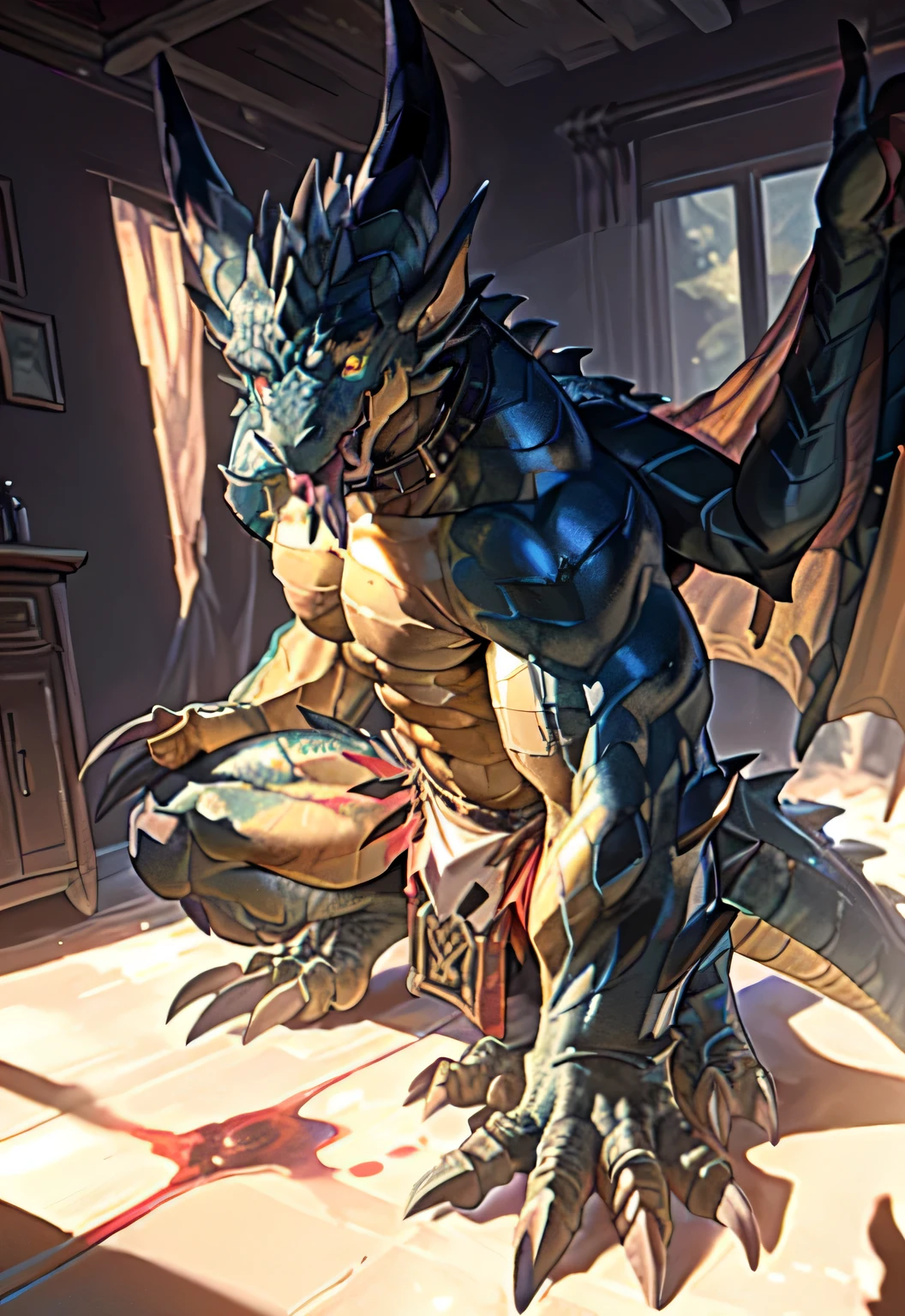 alone, (muscular), (Male human dragon):1.3, Bright scales, (Kamimei):1.3, (Common:1.4) (prayer):1.23, (，Wearing a short white loincloth）, exquisite eyes, lizard tail,A pair of dragon horns, A pair of dragon wings, (exquisite eyes，stripe，sharp claws，Cute animal paw，Sticking out tongue，careless person，Liquid spilled all over body，Air leakage in lower body，Fluid leaking from the lower body，Milk spilled all over the floor，glowing eyes):1.1, (in the room:1.35), In the bedroom，Squatting on the bed，dim，be licked，enjoy，obsessed， Face turned red，collar，Submit to，caress，drunk，Smile，enjoy，looking at camera，Submit to，having fun，Detailed background，realistically，realistic hand，8k high dynamic range，（shadow，wide dynamic range，high dynamic range，emphasize：1.2）