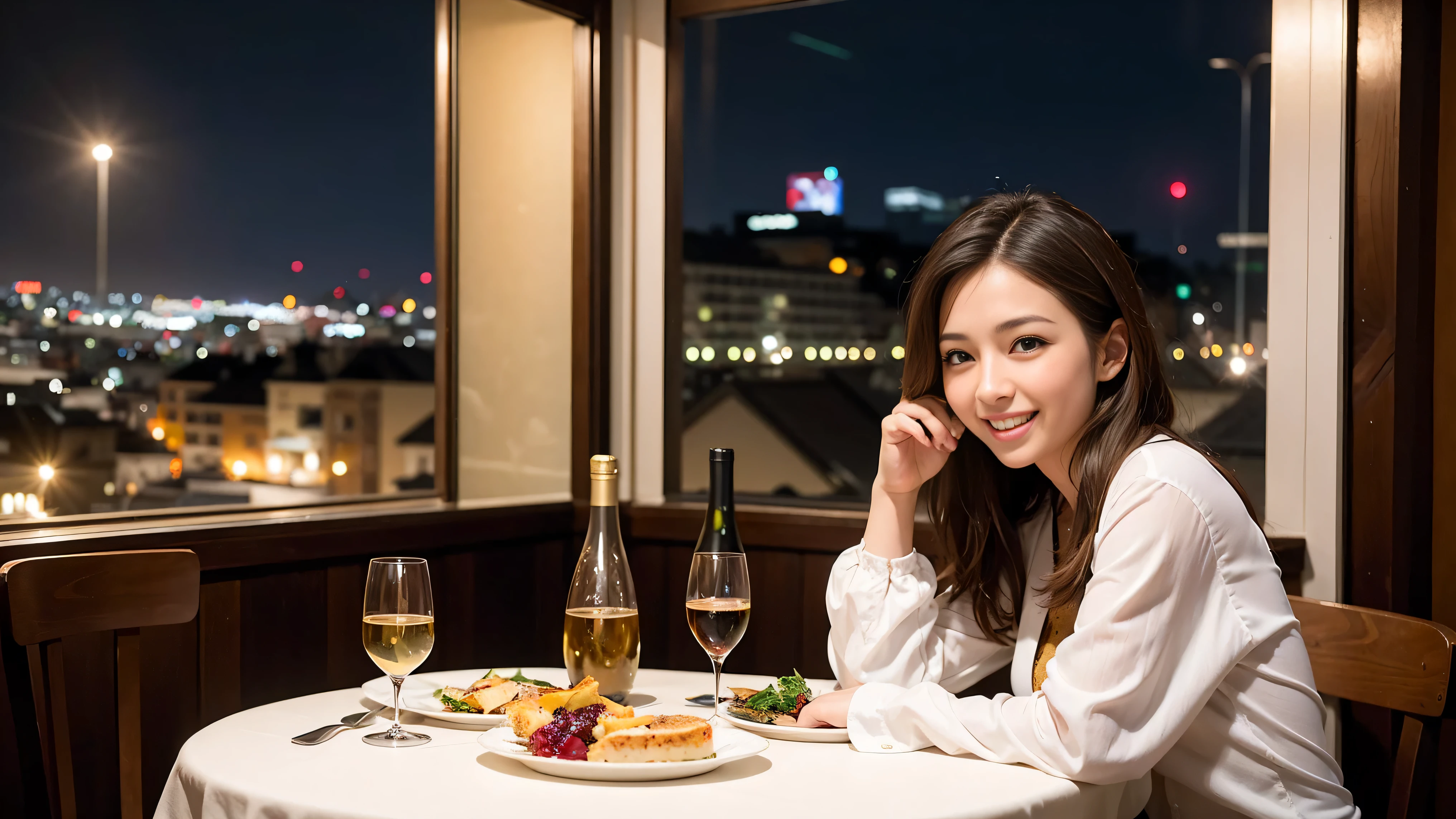 (K UHD, nffsw, top quality, table top: 1.2), (realistic, realistic: 1.37), Spectacular view of the sunset sky and clouds、Amazing mountain views、A bright smile、A lovely woman with a smile、The woman&#39;s face is bright、fox face、lady、Wine Party、hors d'oeuvre、Italian food、2 beauties、brown hair、shortcut、long sleeve shirt、winter fashion、dress、Japanese、Englishman、Dutch、German、Belgian、Italian、French,wine bottle、hors d'oeuvre、Champagne、sparkling wine、Pretty Woman 1, (slim face), (Because I&#39;m slender), (brown hair), (shortcut), cheeks turn a little red, (40 years old), 38 years old, attractive beauty、, A beautiful and detailed night view spreads out outside the window.........., restaurant, sitting in a wine glass, At night, in a prominent place (from the waist up) nova frog style, actress, model, Upper body, White wine, slim, wine glass, very beautiful night view, wine glass placed in the middle, Smile, (smile: 1.15), beautiful small eyes, 