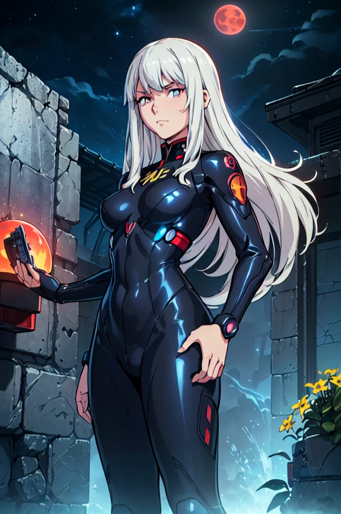Cartoon photo of woman, Guyver style, SFW version, red eye, bellows tail, cel shade adult animation, serpentine pose,(high resolution, masterpiece, best quality, anime, official art:1.4), amazing fine details, all intricate, gloss and shiny, awesome many layers, 8k wall paper, sketch, illustration, (masterpiece, best quality, masterpiece, best quality, finely detail, beautiful detailed eyes, ultra detailed, extremely beautiful CG, super detailed skin, best quality, intricate, {{high quality}}, extra colors, 2D, megapixel, perfectionism, accent lighting, full HD, 4K, (inspired by :metroid, zone of enders, gundam, death stranding, half life2, glados, fate stay nigh, star blazer 2199 space battleship yamato, mass effect, dead space, death stranding) (((illyasviel_von_einzbern)),1girl, mature female, full body, contrapposto,) (silver hair, red eyes, long hair, beautiful detailed red eyes, weird hair, evil smile, eyelashes, medium_breasts, best quality, beautifully detailed face, can't be this cute, girl on top, delicate facial features, looking_at_viewer, ray tracing, DOF,HDR, hand_on_hip, two_side_up, standing, cowboy_shot,) (yellow suit, yellow pilot suit, yellow jumpsuit, yellow bodysuit, jacket, tactical gear, fully clothed, ) gainax anime style, studio gainax art, studio gainax illustration,inspired by Masamune Shirow, studio gainax, by Masamune Shirow, beautiful charcter from evangelion, (outdoors, (night:1.1), glowing red moon background, planet in background, science fiction background, background, outdoor, space opera background, glowing, red moon, space ship background, space colony background, ilya kuvshinov, official art, futuristic background, colony drop background, space war background, mecha in background, fantasy background,)