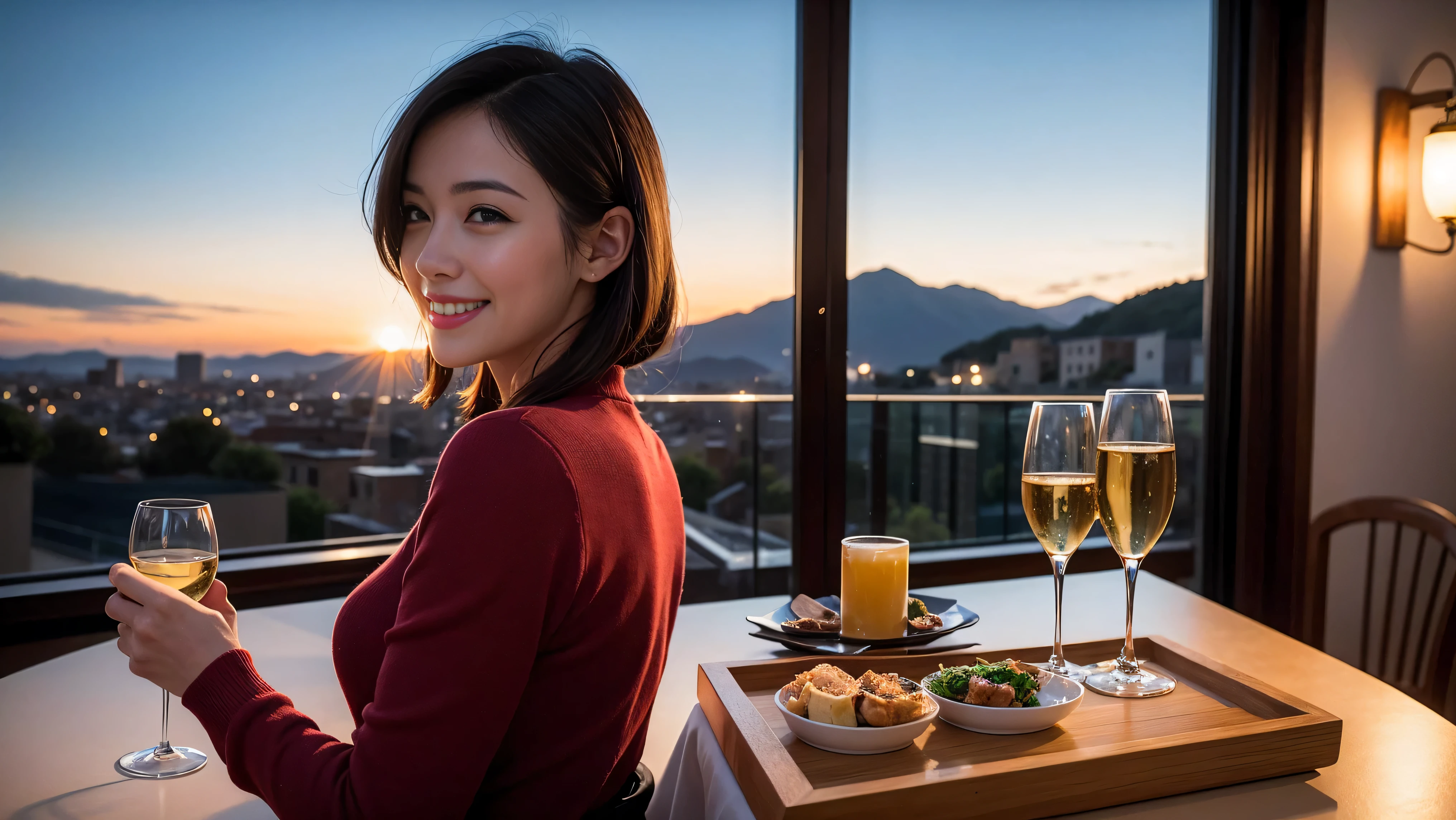 (K UHD, nffsw, top quality, table top: 1.2), (realistic, realistic: 1.37), Spectacular view of the sunset sky and clouds、Amazing mountain views、A bright smile、A lovely woman with a smile、The woman's face is bright、fox face、lady、Wine Party、hors d'oeuvre、Italian food、2 beauties、brown hair、shortcut、long sleeve shirt、winter fashion、dress、Japanese、Englishman、Dutch、German、Belgian、Italian、French,wine bottle、hors d'oeuvre、Champagne、sparkling wine、Pretty Woman 1, (slim face), (Because I'm slender), (brown hair), (shortcut), cheeks turn a little red, (40 years old), 38 years old, attractive beauty、, A beautiful and detailed night view spreads out outside the window.........., restaurant, sitting in a wine glass, At night, in a prominent place (from the waist up) nova frog style, actress, model, Upper body, White wine, slim, wine glass, very beautiful night view, wine glass placed in the middle, Smile, (smile: 1.15), beautiful small eyes,