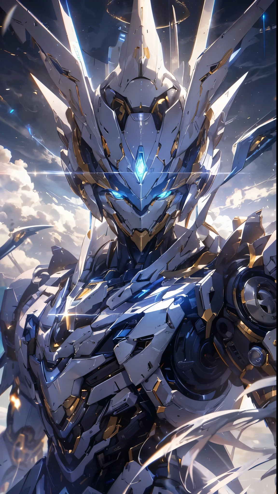 (masterpiece), best quality, science fiction, robot, ((mecha)), robot joints, (white head), daylight, (((foreground))), outdoors, (((facing viewer))), cyan details on head, ((golden details on head)), cybernetic, (((narrow blue glowing eyes))), ((some blue lights emitting from the body)), (((two curved blades on each side of the head))), ((((looking at viewer)))), ((((((day time)))))), ((4k)), (((dramatic)))
