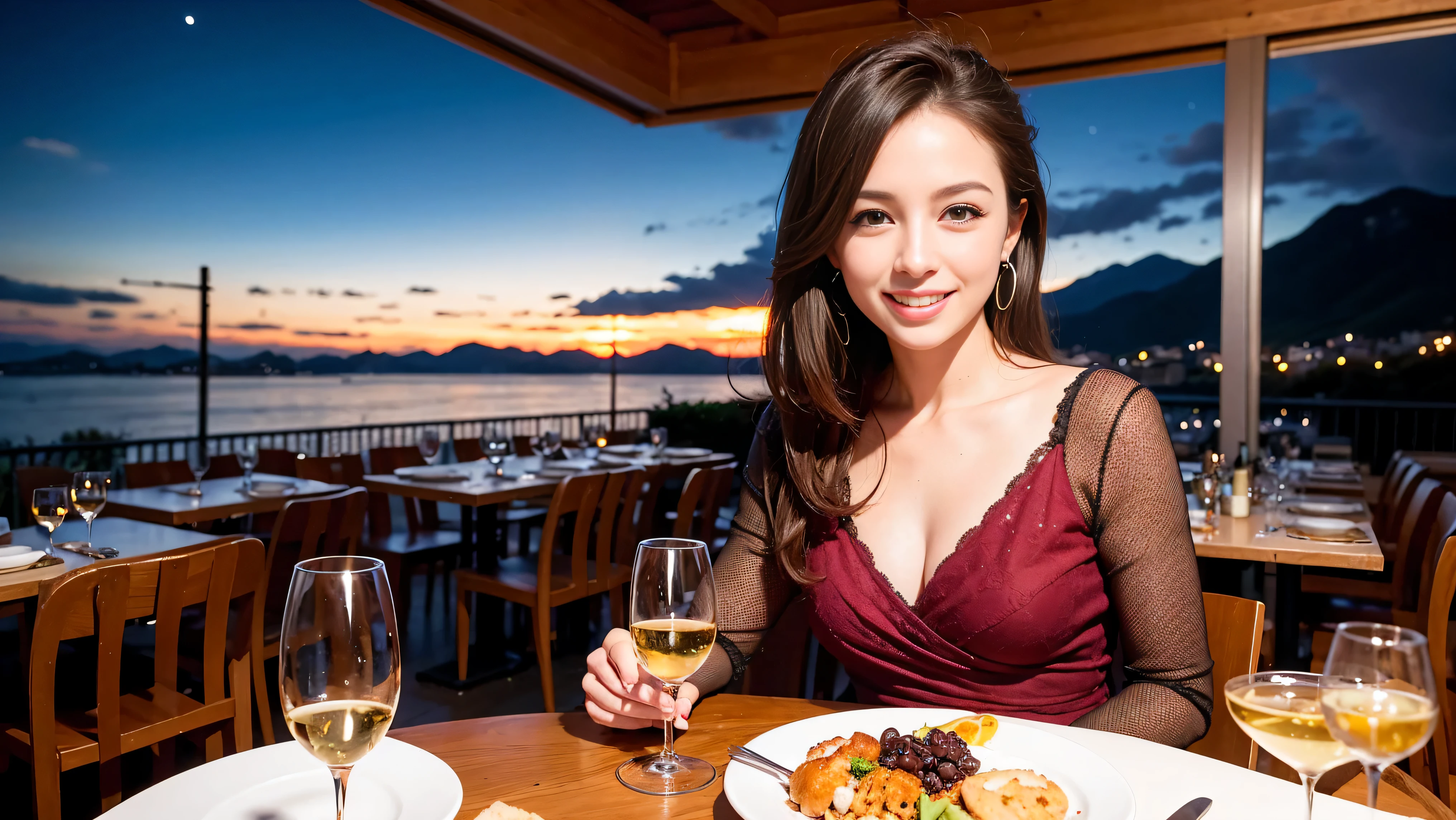 (K UHD, nffsw, top quality, table top: 1.2), (realistic, realistic: 1.37), Spectacular view of the sunset sky and clouds、Amazing mountain views、A bright smile、A lovely woman with a smile、The woman&#39;s face is bright、fox face、lady、Wine Party、hors d'oeuvre、Italian food、2 beauties、brown hair、shortcut、long sleeve shirt、winter fashion、dress、Japanese、Englishman、Dutch、German、Belgian、Italian、French,wine bottle、hors d'oeuvre、Champagne、sparkling wine、Pretty Woman 1, (slim face), (Because I&#39;m slender), (brown hair), (shortcut), cheeks turn a little red, (40 years old), 38 years old, attractive beauty、, A beautiful and detailed night view spreads out outside the window.........., restaurant, sitting in a wine glass, At night, in a prominent place (from the waist up) nova frog style, actress, model, Upper body, White wine, slim, wine glass, very beautiful night view, wine glass placed in the middle, Smile, (smile: 1.15), beautiful small eyes, 