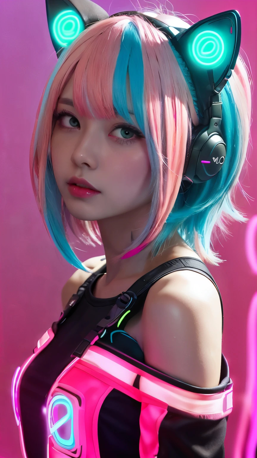 {{masterpiece}},{{highest quality}},enlightenment,1 perfect portrait of a girl, A fascinating eye for perfect detail), colorful hair,(gradient hair), (neon pink hair:1.6),(Cat ear),Slim and tall body type, fantasy background, {exposed bare shoulders},{long-term alienation_sleeve}, {lean forward a little}, If you look up,hair ornaments,{shy},please shut your mouth, head tilt,{small breasts} ,movie lighting,oversized clothes, ((seductive pose)), (neon pink background:1.6)