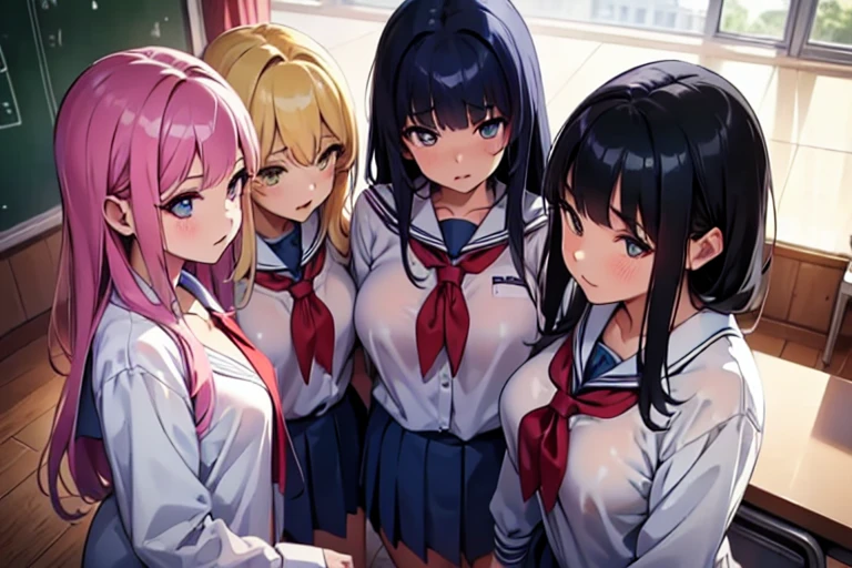 perfect skin,(Harem:1.2),4k, high resolution,uhd,4girls,quartet,squad,cowboyshot,pov,beautiful detailed eyes, detailed lips, long eyelashes, bright and vibrant colors, natural lighting,(best quality, highres), ultra-detailed, soft and smooth texture, no distractions, dreamlike sensation, slight bokeh effect,highlighting her figure,deformed and independented breasts,side by side,Different posing,surrounded by girls,(small breasts:0.5),Attractive girls,longing,(public facility:1.3),pajama party,on small bed,young,(school uniform:1.2),Skin Gloss,oily skin,Skin Highlights,see-through