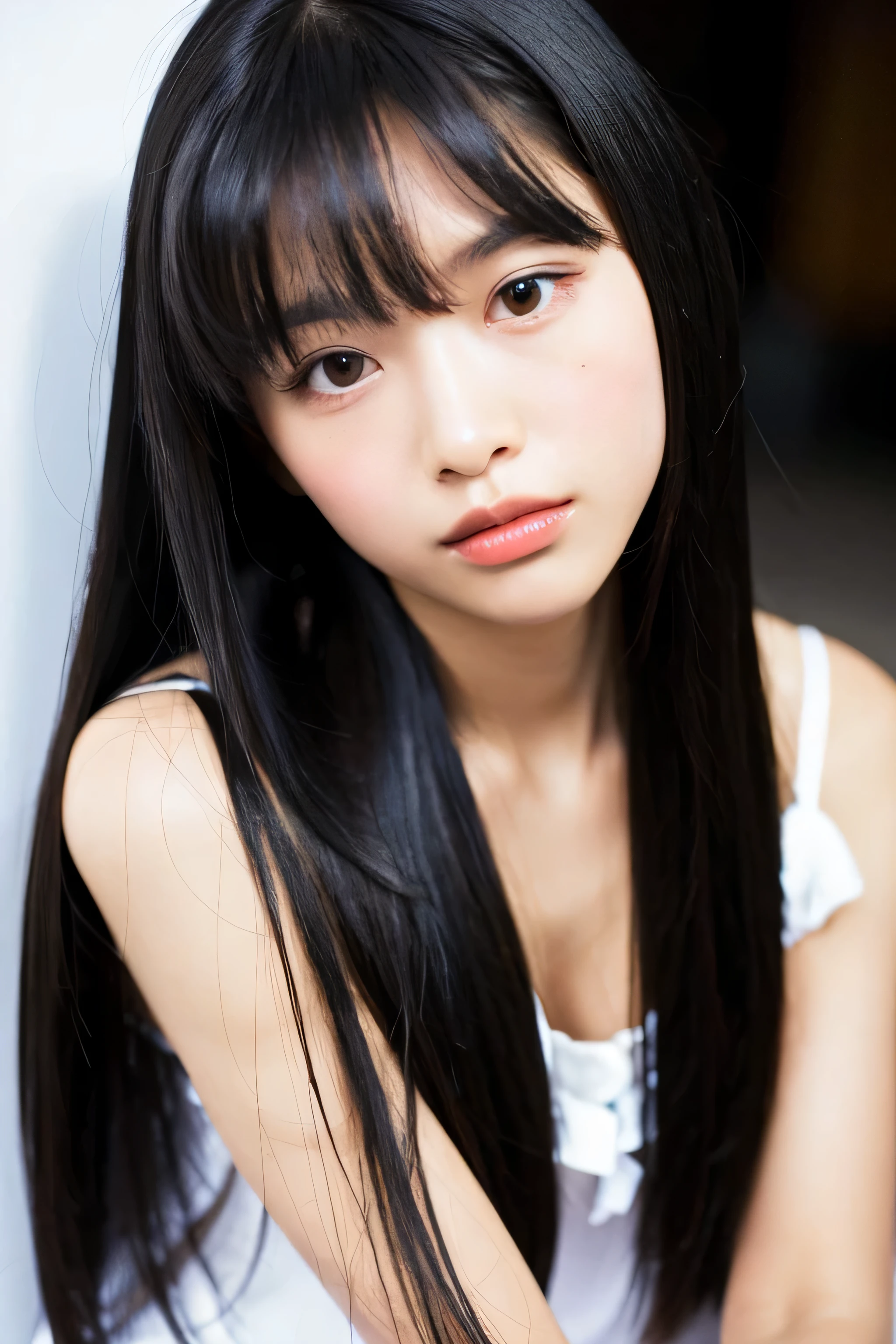 (Image Size16:9) ((highest quality)), ((masterpiece)), (be familiar with), perfect face alone (Full body photography) ((highest quality)), ((masterpiece)), (be familiar with), perfect face arafed woman with long black hair standing in front of a wall, long black shiny hair, black silky hair, Extra Dark Natural Black Hair, long straight black hair, (long black straight hair), Perfect silky straight hair, straight black hair, long black hair, her hair is long and straight, detailed long black hair (super long hair up to waist 1.50) (The bangs are trimmed to the eyebrows.) (The bangs are cropped like a model.)
she is 12 years old canadian (crawl on all fours) White Nightgown The color of the bed is white