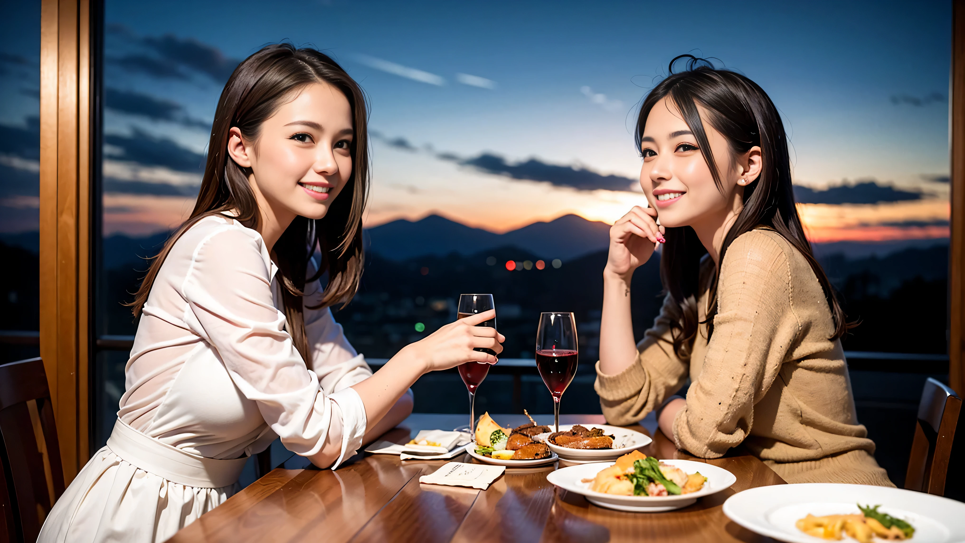 (K UHD, nffsw, top quality, table top: 1.2), (realistic, realistic: 1.37), Spectacular view of the sunset sky and clouds、Amazing mountain views、A bright smile、A lovely woman with a smile、The woman's face is bright、fox face、lady、Wine Party、hors d'oeuvre、Italian food、2 beauties、brown hair、shortcut、long sleeve shirt、winter fashion、dress、Japanese、Englishman、Dutch、German、Belgian、Italian、French,wine bottle、hors d'oeuvre、Champagne、sparkling wine、Pretty Woman 1, (slim face), (Because I'm slender), (brown hair), (shortcut), cheeks turn a little red, (40 years old), 38 years old, attractive beauty、, A beautiful and detailed night view spreads out outside the window.........., restaurant, sitting in a wine glass, At night, in a prominent place (from the waist up) nova frog style, actress, model, Upper body, White wine, slim, wine glass, very beautiful night view, wine glass placed in the middle, Smile, (smile: 1.15), beautiful small eyes,