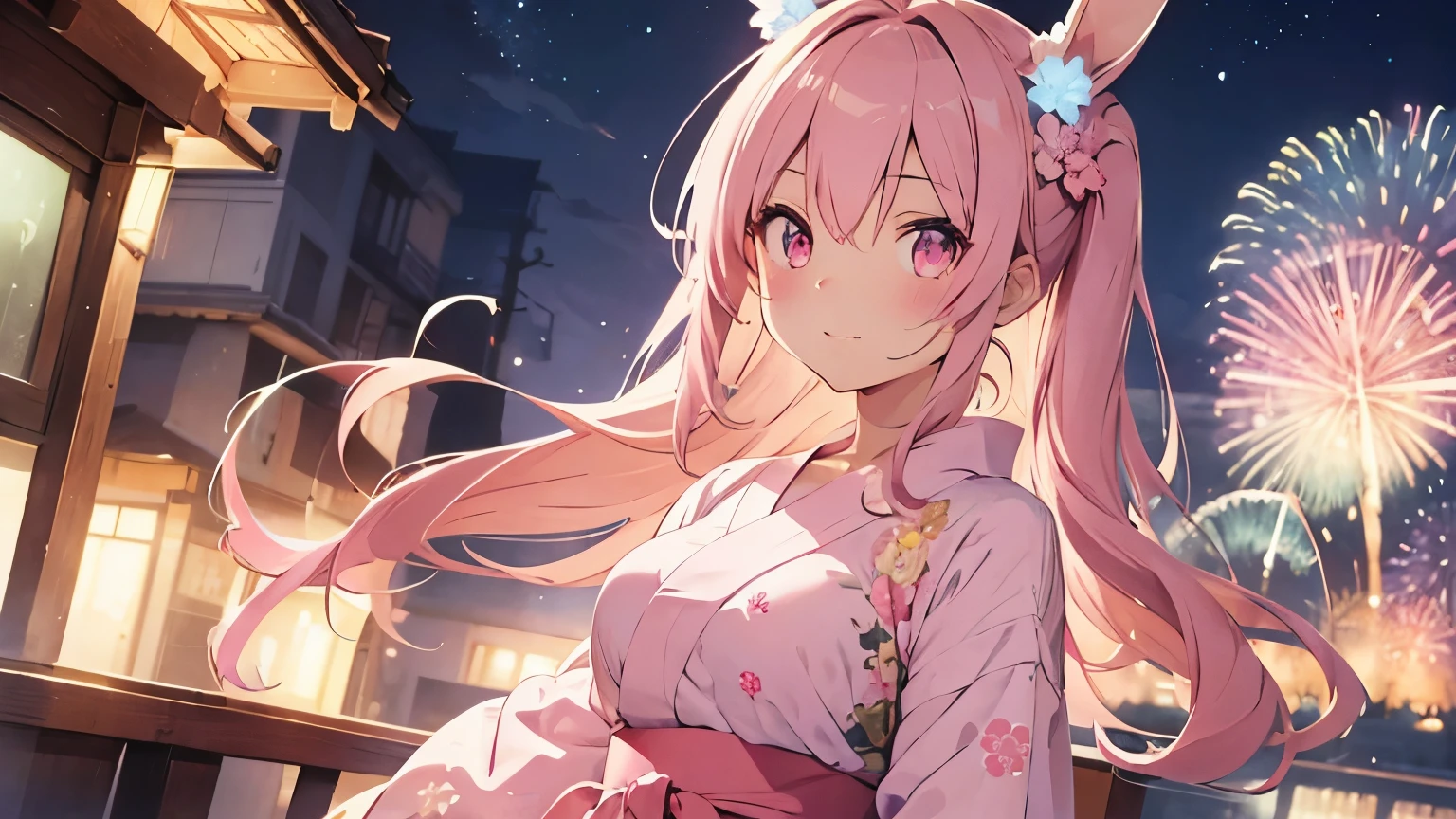 beautiful illustrations, highest quality, pretty girl, pastel colour, fluffy rabbit ears, pink long hair,light pink eyes,pink yukata,firework