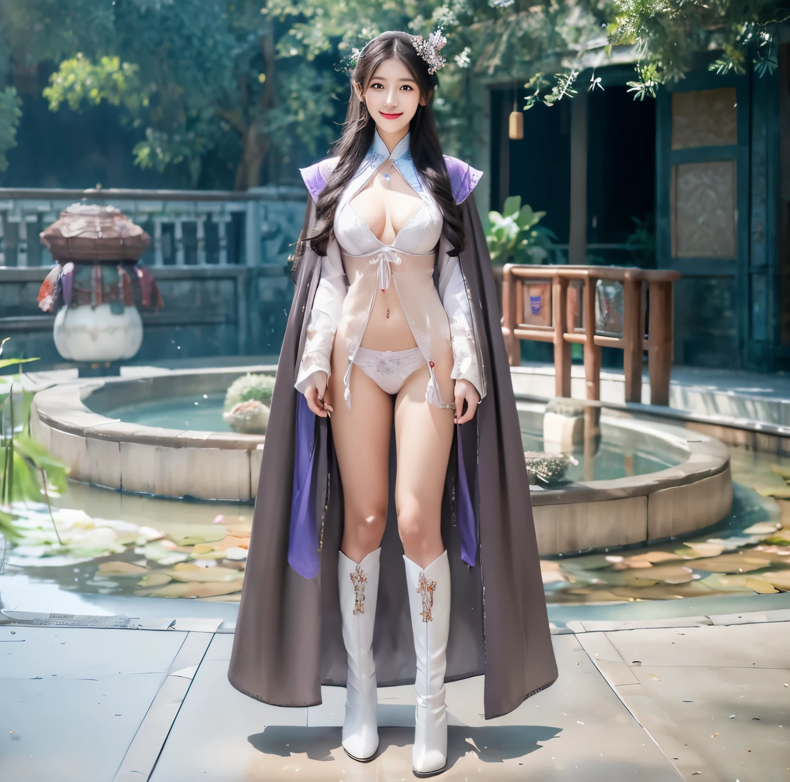美麗的fantasy皇后, anime goddess, full body xianxia, ((美麗的fantasy皇后)), sweet smile,Sexy red bikini underwear,high-cut underwear,high cut underwear,Long-legged girl,put on boots,White boots,huge breasts,Put on your hat, Chinese Hanfu,fantasy服装, Sha Xi, ((美麗的fantasy皇后)), Put on the priest's cloak, full body purple cloak, 穿着fantasy服装, Anime girls cosplay look at the audience,facing the audience,Put your hands beside you,flowing long hair,Surreal 8000g,Impeccable,masterpiece,professional artwork,famous artwork,Light,movie bloom,perfect face,pretty face,fantasy,Dreamy and magical,not real,intricate details,Exquisite pattern