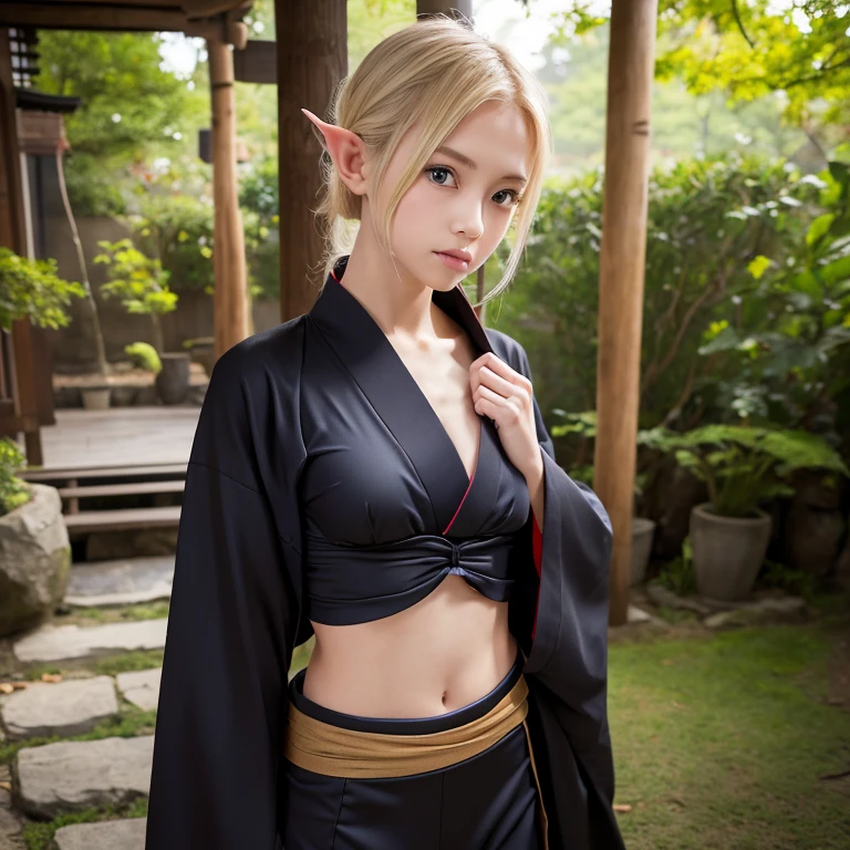 high resolution、(Kunoichi)、((ninja clothes))、kimono、(slender)、blonde、elf、(flat chest)、8-year-old、showing her chest,