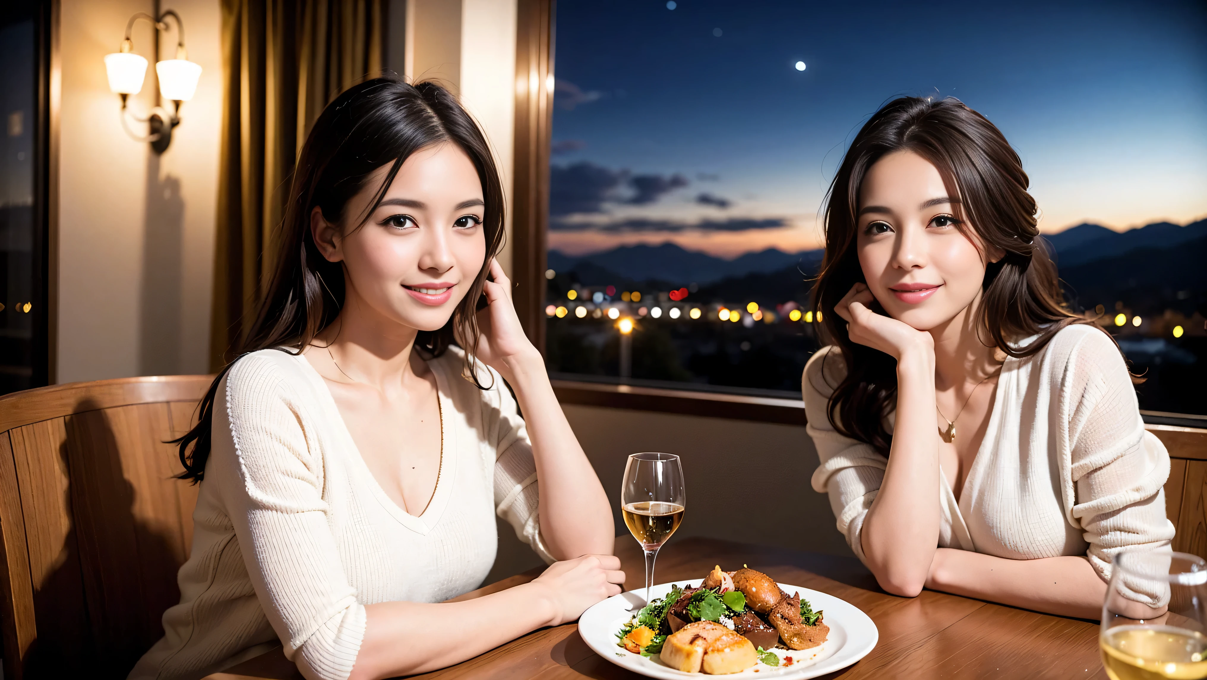(K UHD, nffsw, top quality, table top: 1.2), (realistic, realistic: 1.37), Spectacular view of the sunset sky and clouds、Amazing mountain views、A bright smile、A lovely woman with a smile、The woman's face is bright、fox face、lady、Wine Party、hors d'oeuvre、Italian food、2 beauties、brown hair、shortcut、long sleeve shirt、winter fashion、dress、Japanese、Englishman、Dutch、German、Belgian、Italian、French,wine bottle、hors d'oeuvre、Champagne、sparkling wine、Pretty Woman 1, (slim face), (Because I'm slender), (brown hair), (shortcut), cheeks turn a little red, (40 years old), 38 years old, attractive beauty、, A beautiful and detailed night view spreads out outside the window.........., restaurant, sitting in a wine glass, At night, in a prominent place (from the waist up) nova frog style, actress, model, Upper body, White wine, slim, wine glass, very beautiful night view, wine glass placed in the middle, Smile, (smile: 1.15), beautiful small eyes,